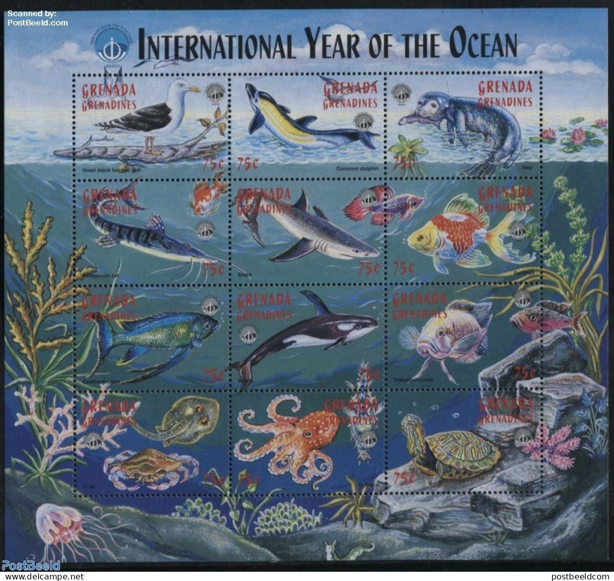 Grenada Grenadines 1998 Int. Year Of The Ocean 12v M/s, Mint NH, Nature - Birds - Fish - Sea Mammals - Turtles - Poissons