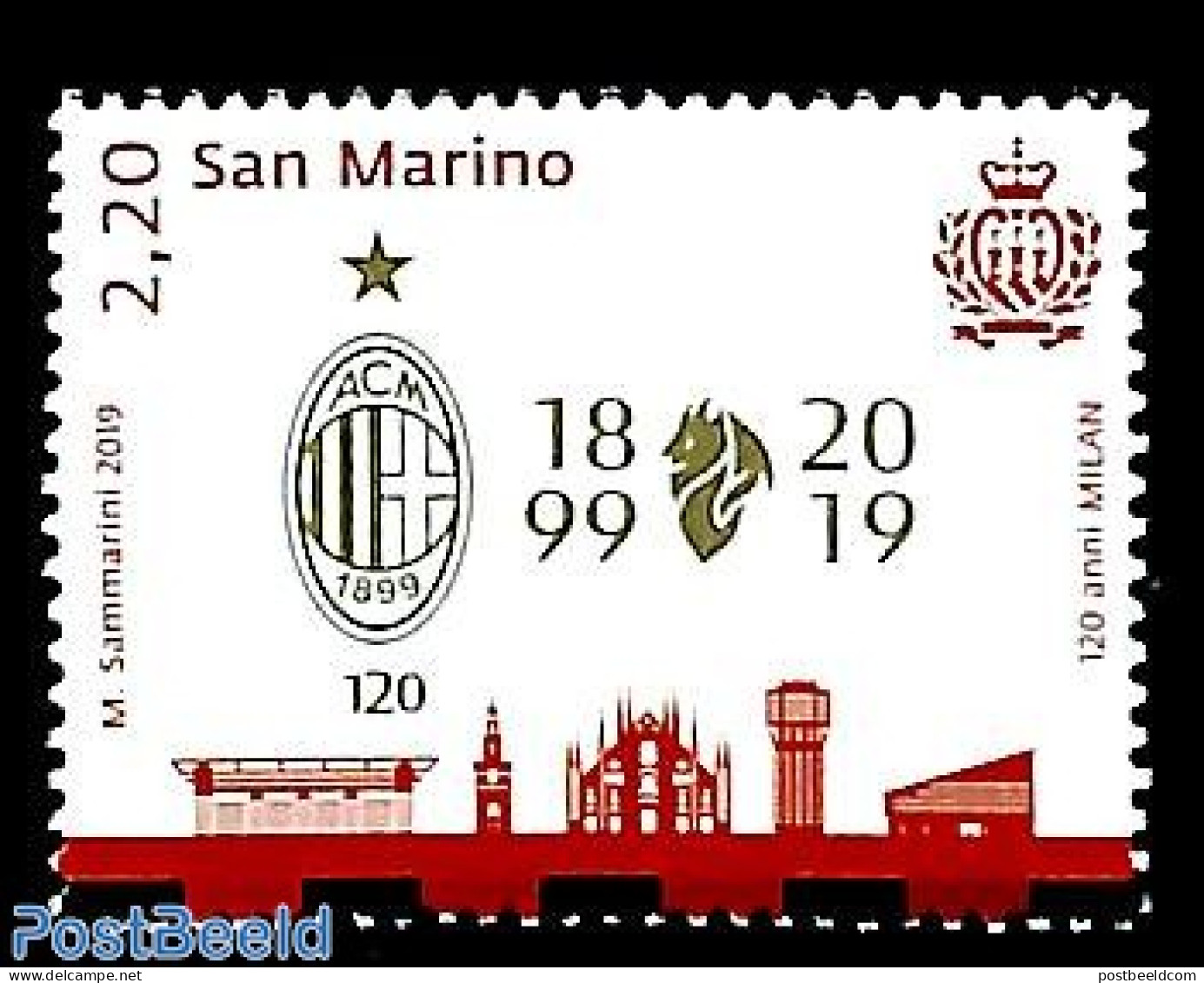 San Marino 2019 120 Years AC Milan 1v, Mint NH, Sport - Football - Ongebruikt