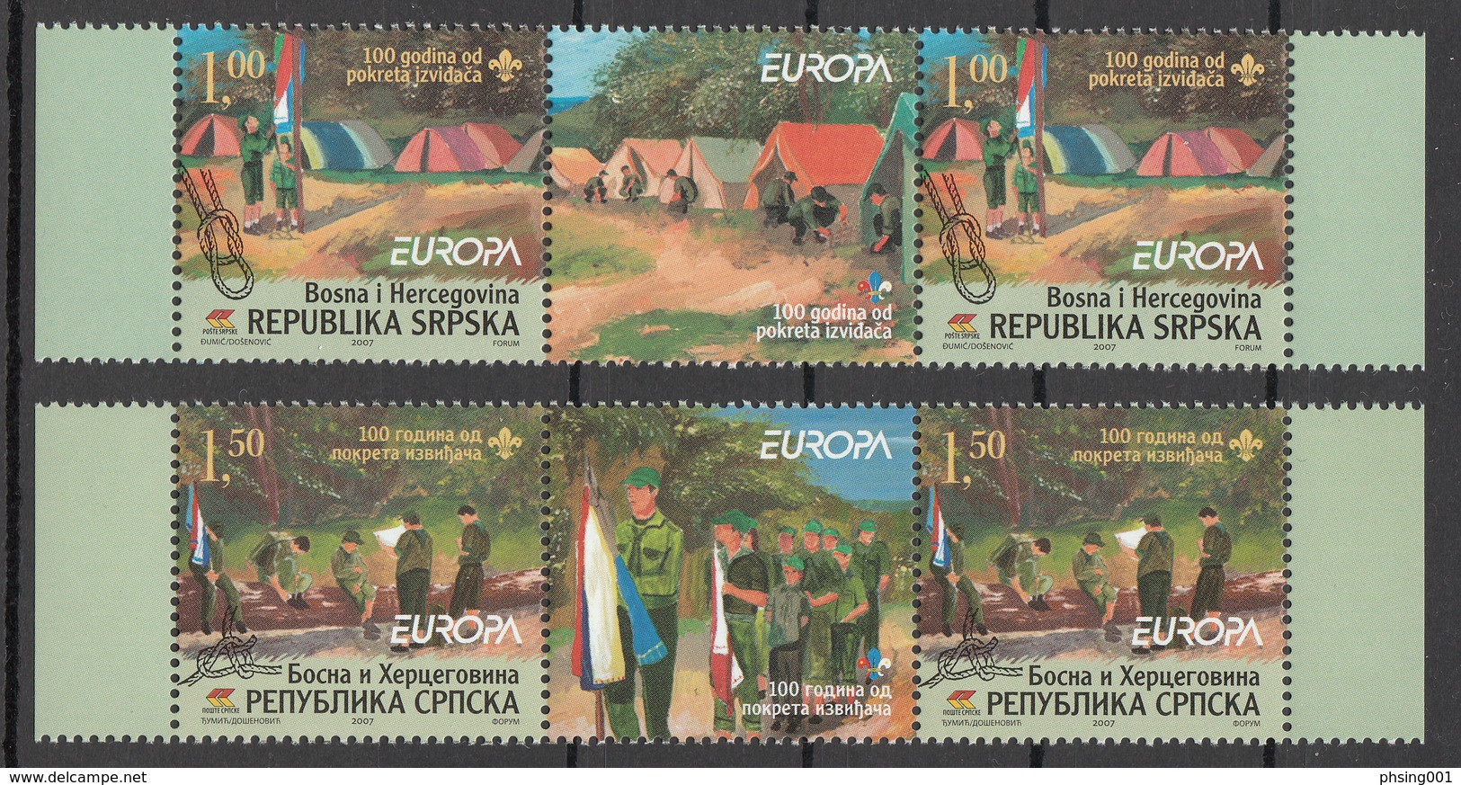 Bosnia Serbia 2007 Europa CEPT 100 Years Anniversary Of Scouting Scouts Pfadfinder, Middle Row MNH - Bosnien-Herzegowina