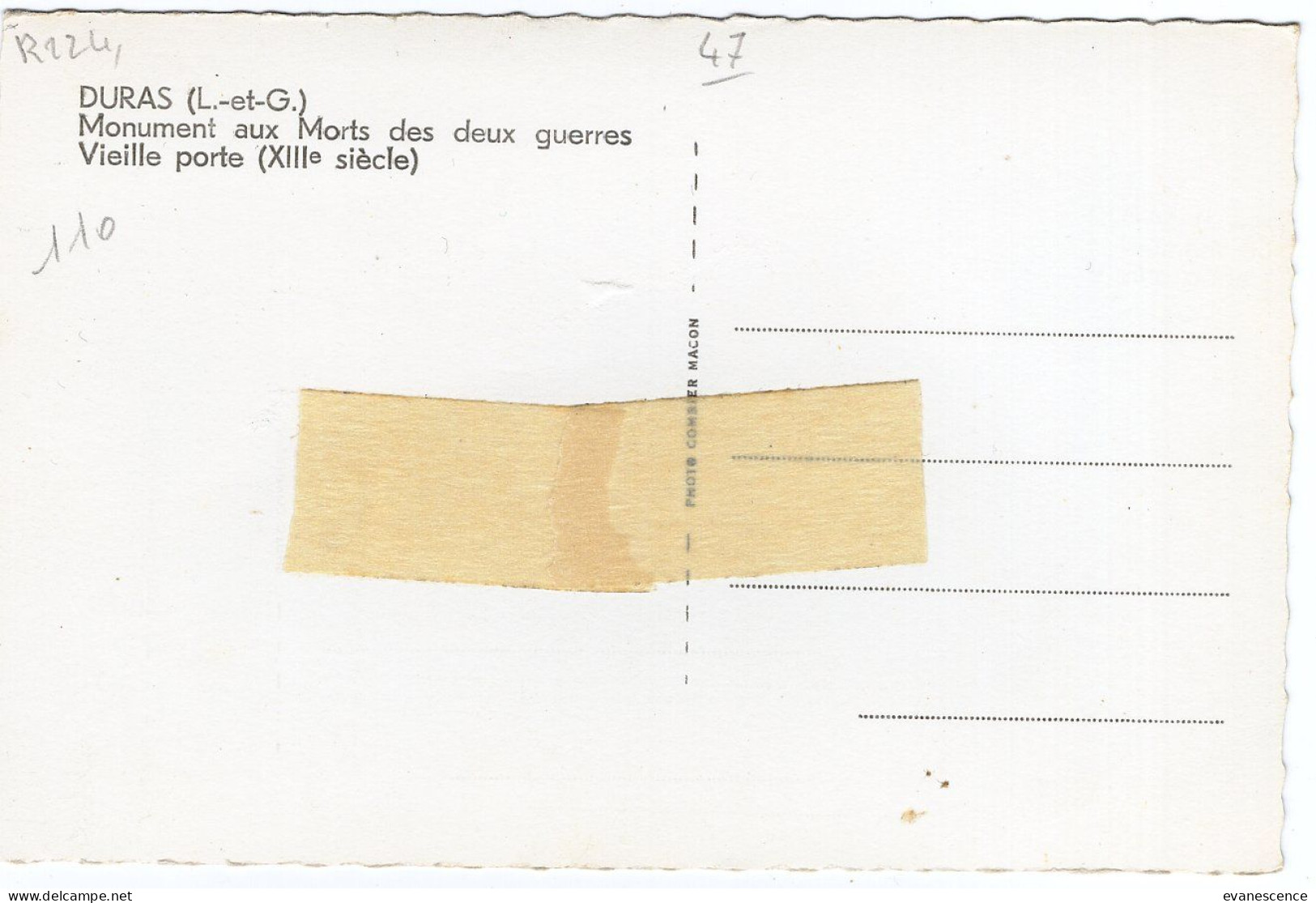 47 : Duras : Monument Aux Morts  (trace Collant Au Dos)  ///  Ref. Mai 24 ///  N° 29.670 - Autres & Non Classés