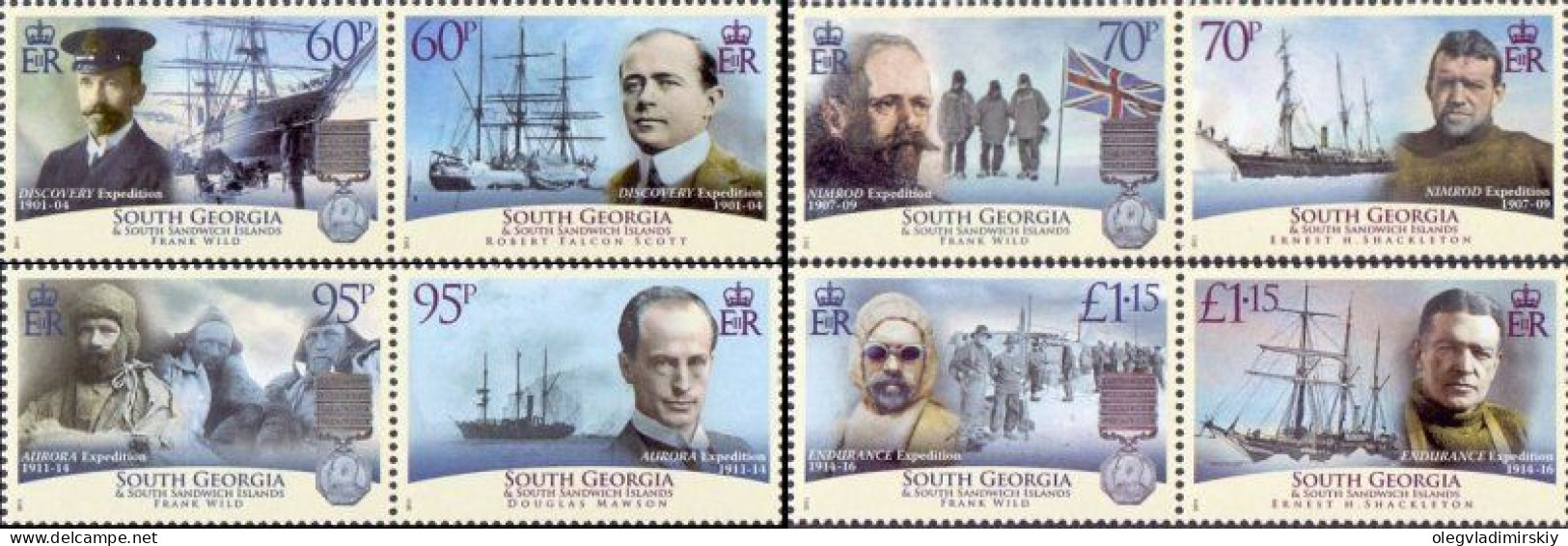 South Georgia And The South Sandwich Islands 2011 Frank Wild Outstanding Explorer Set Of 8 Stamps In 4 Strips MNH - Géorgie Du Sud