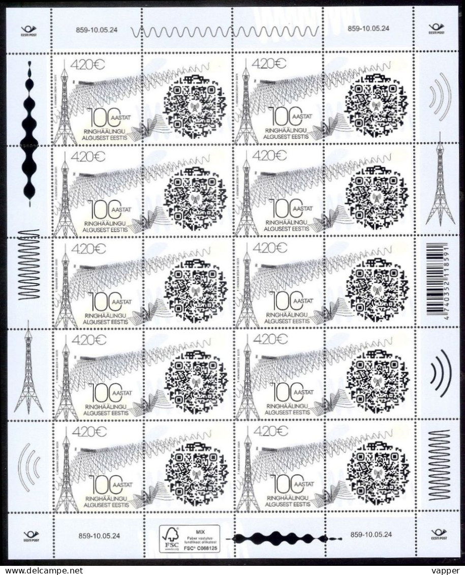 100th Anniv Of The First Radio Broadcast In Estonia 2024 MNH Stamp Sheet Of 10 Mi 1107 - Estland