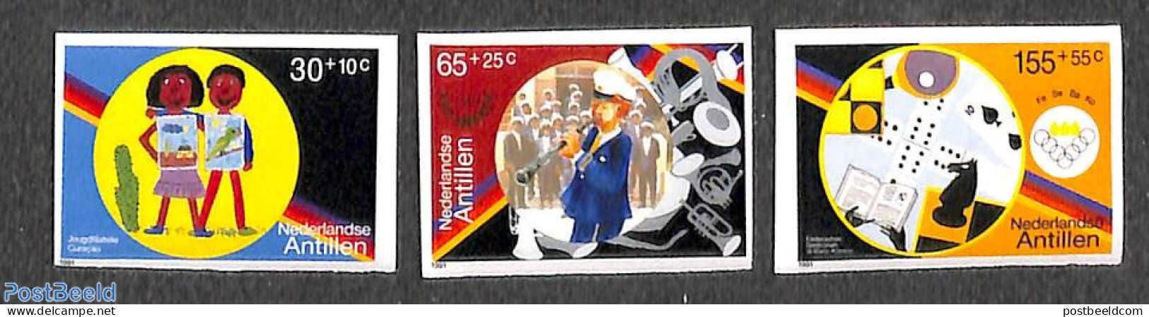 Netherlands Antilles 1991 Culture 3v, Imperforated, Mint NH, Sport - Various - Chess - Playing Cards - Toys & Children.. - Schaken