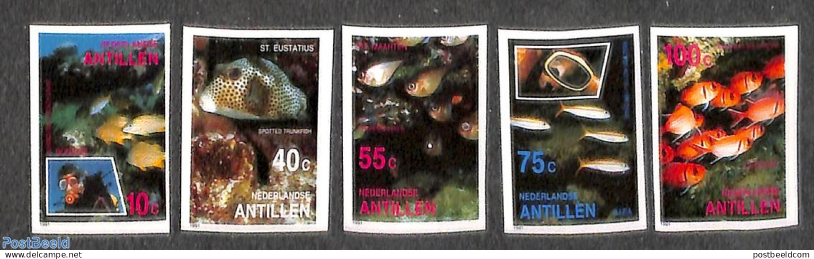 Netherlands Antilles 1991 Fish 5v, Imperforated, Mint NH, Nature - Fish - Vissen