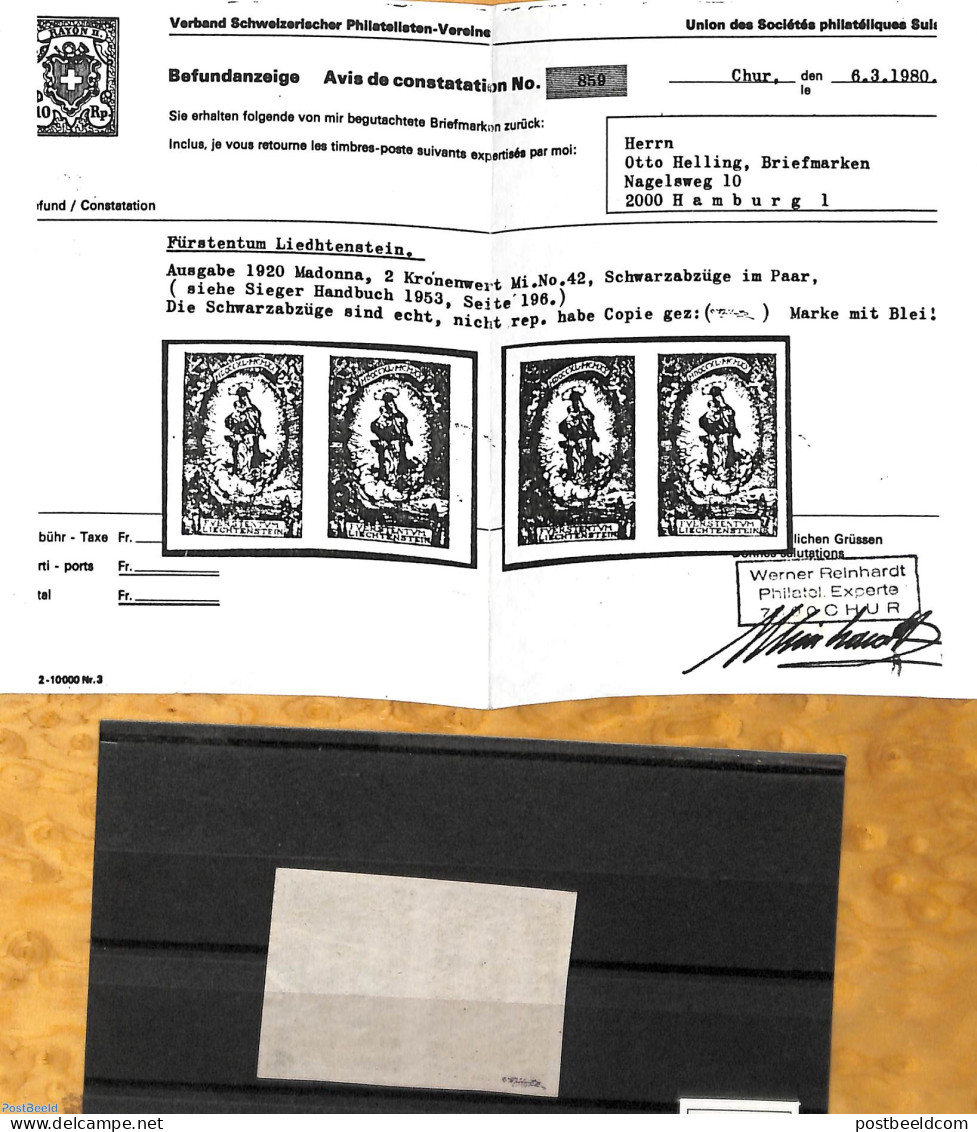Liechtenstein 1920 Johann II 80th Anniv, Blackprint Pair, Signed, Mint NH, History - Kings & Queens (Royalty) - Ungebraucht