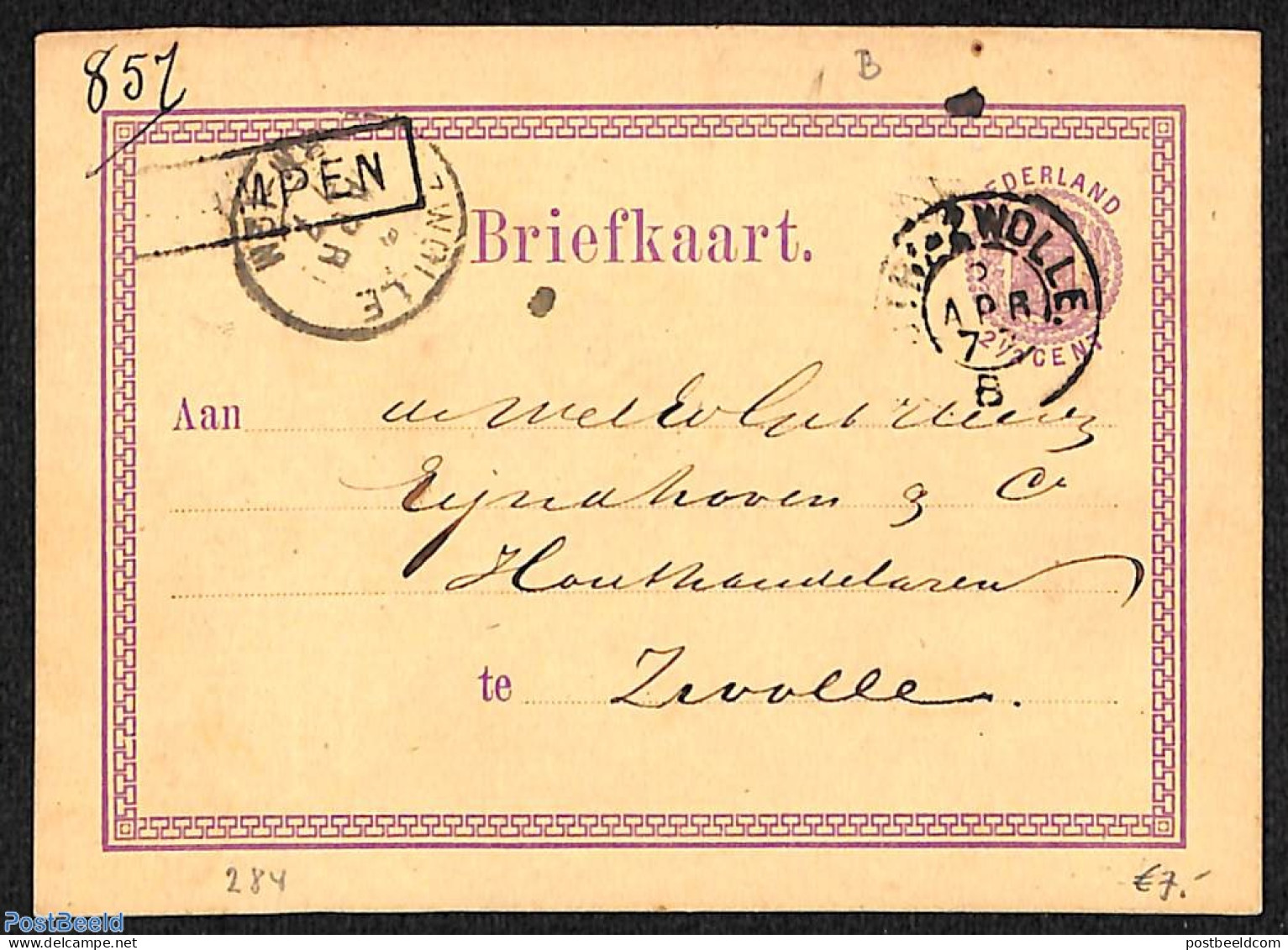 Netherlands - Various Cancellations 1877 Card With Naamstempel In Kastje: KAMPEN, Postal History - Other & Unclassified