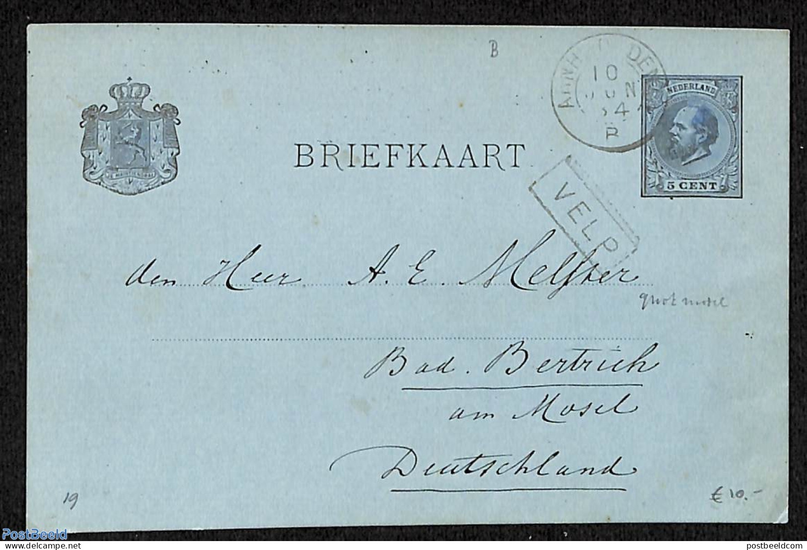 Netherlands - Various Cancellations 1884 Card With Naamstempel In Kastje: VELP, Postal History - Altri & Non Classificati