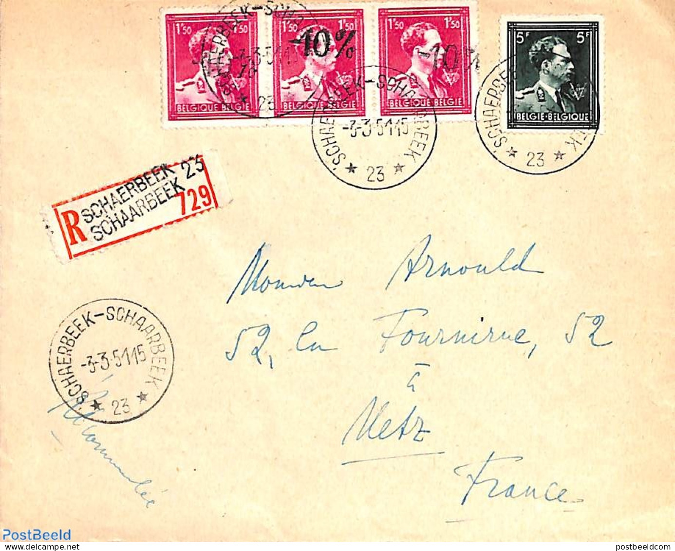 Belgium 1951 Registered Letter From Schaarbeek With -10% Overprints, Postal History - Brieven En Documenten