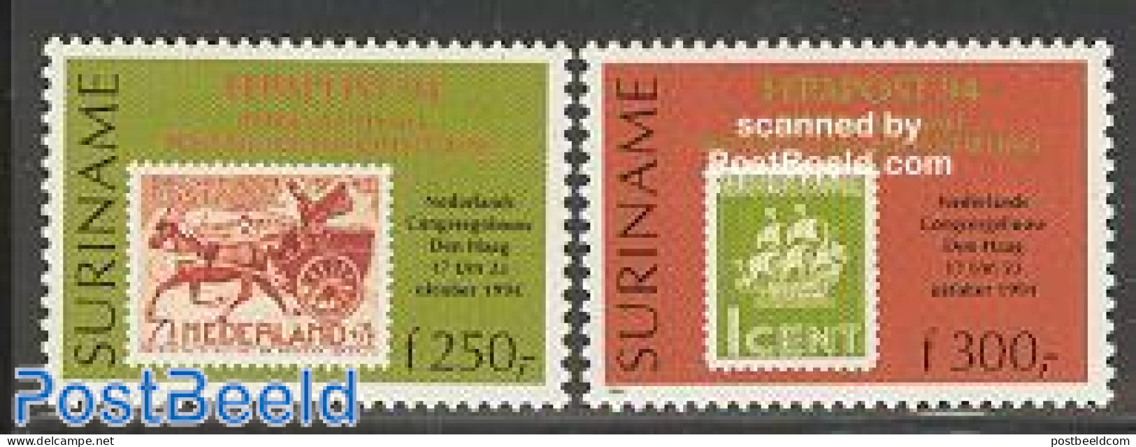 Suriname, Republic 1994 Fepapost 2v, Unused (hinged), Nature - Transport - Horses - Stamps On Stamps - Ships And Boats - Stamps On Stamps