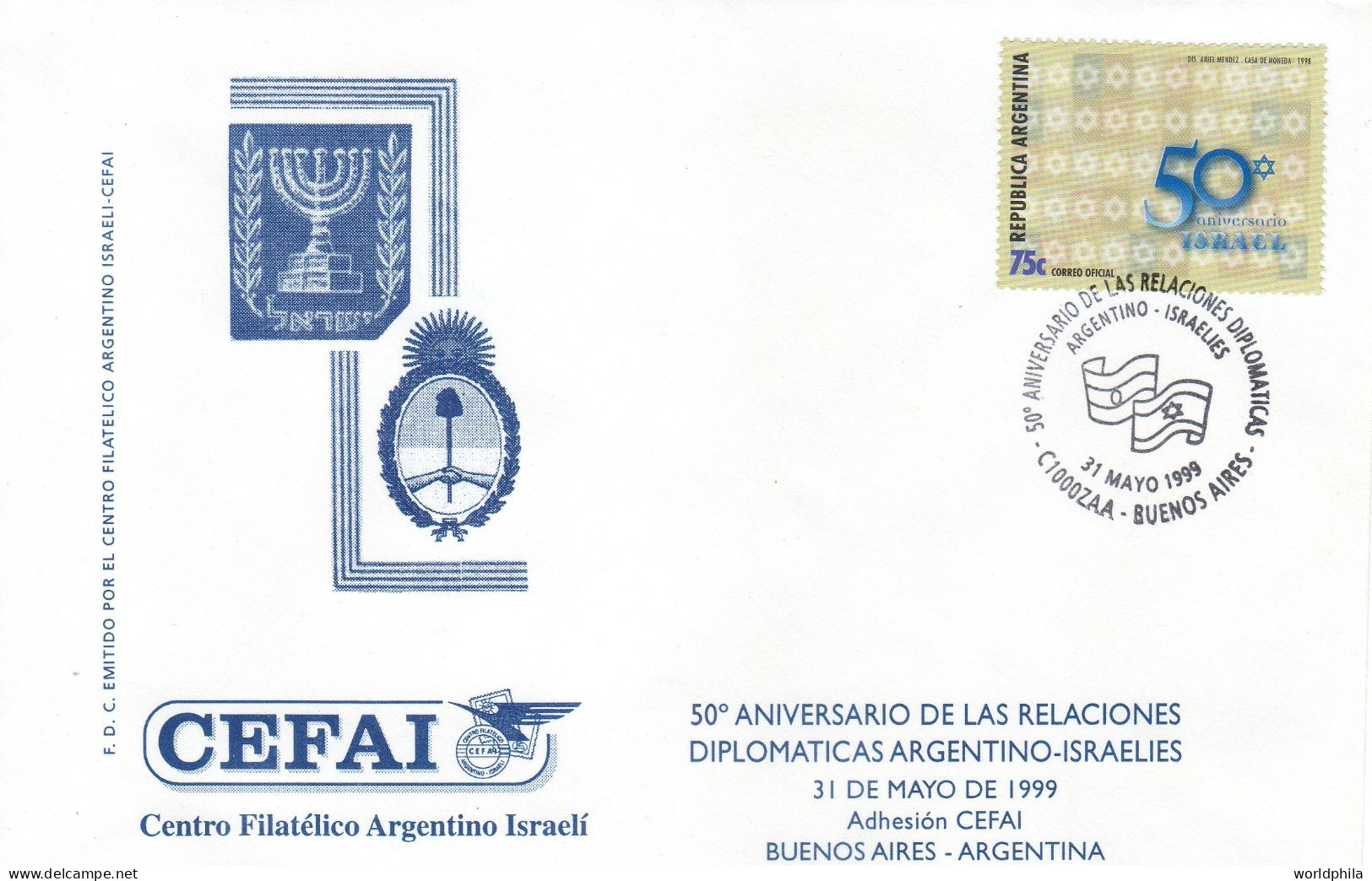 Judaica, Argentina, Israel 1999 50th Of Diplomatic Relations,  Special Cover - Joodse Geloof