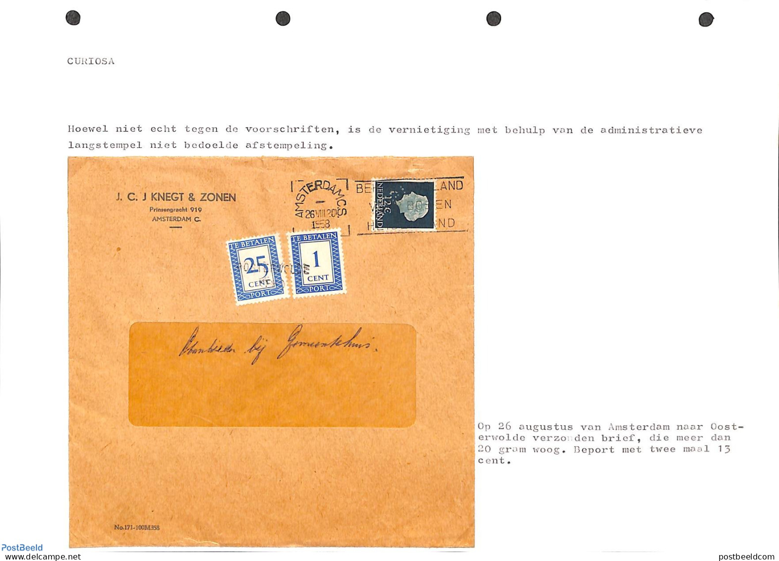Netherlands 1958 Postage Due Cover, See Description (in Dutch), Postal History - Covers & Documents