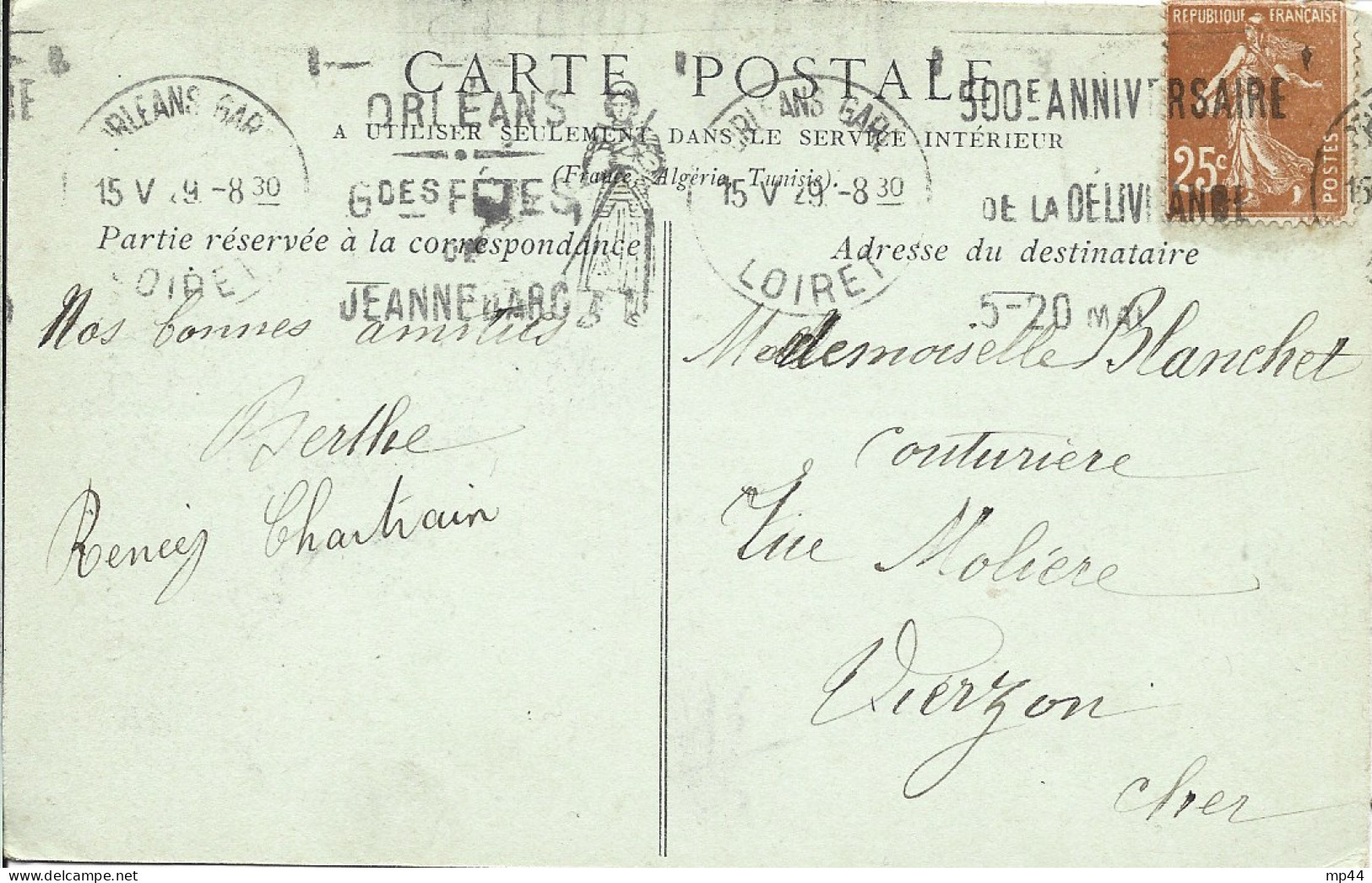 60  ---  45  ORLEANS GARE  Grande Fête Jeanne D'Arc 500è Anniversaire De La Délivrance  1929  25c Semeuse Jaune-brun - Mechanical Postmarks (Advertisement)