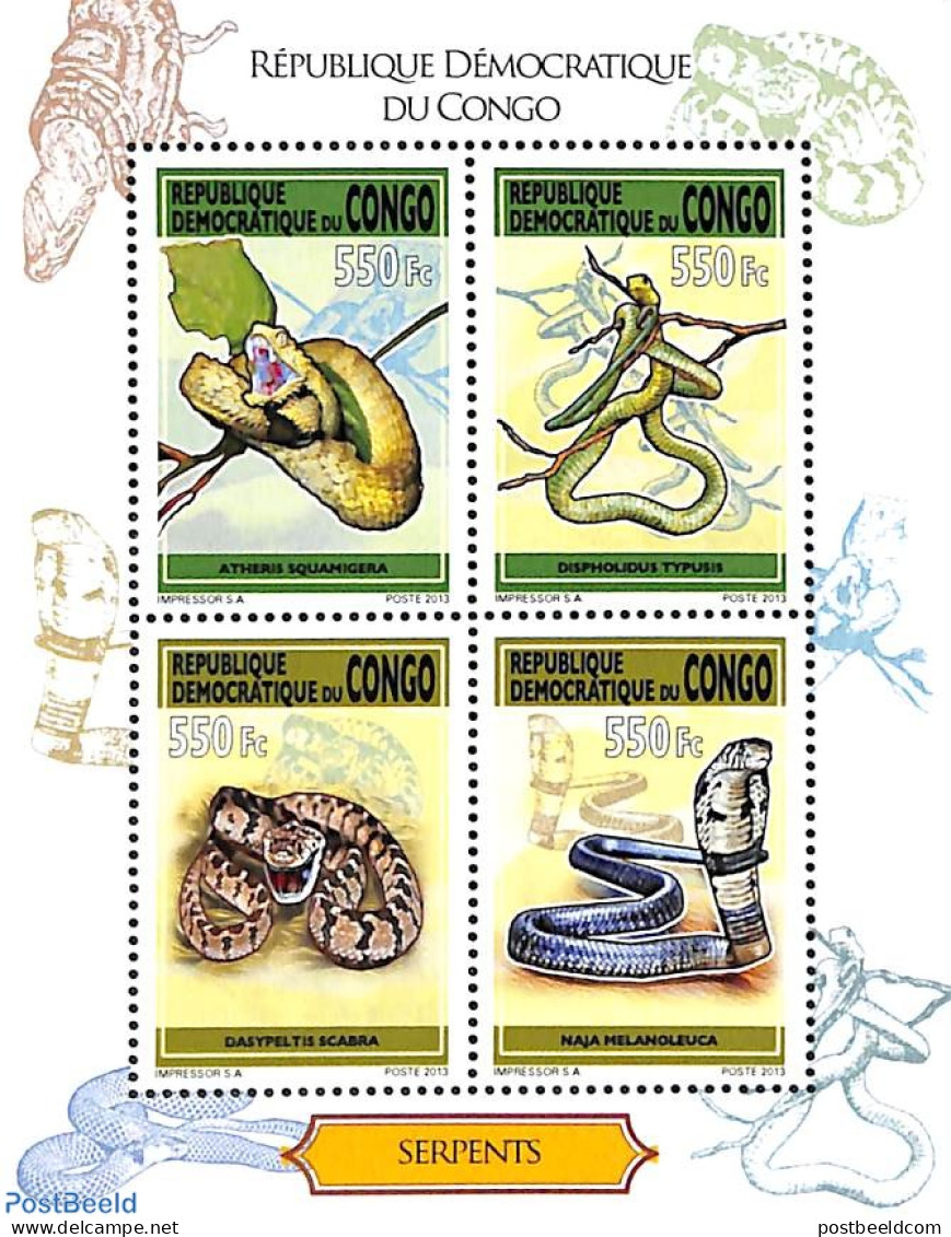 Congo Dem. Republic, (zaire) 2013 Snakes 4v M/s, Mint NH, Nature - Reptiles - Snakes - Sonstige & Ohne Zuordnung