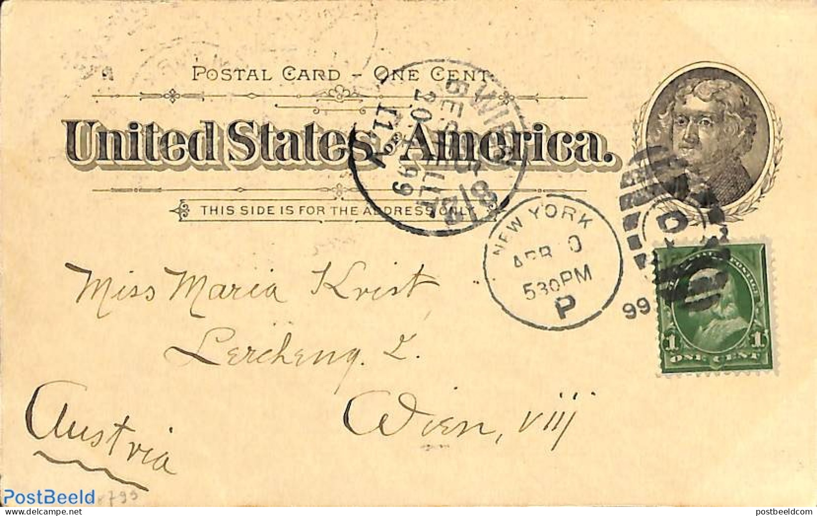 United States Of America 1899 Illustrated Postcard 1c, Fire Island, Uprated With 1c To Austria, Postal History, Variou.. - Briefe U. Dokumente