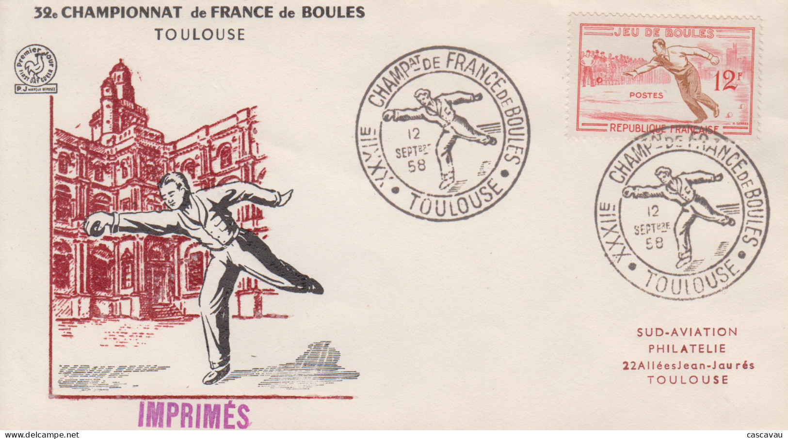 Enveloppe  FDC    FRANCE   32éme  Championnat  De   FRANCE  De   Jeu  De  Boules   TOULOUSE   1958 - 1950-1959