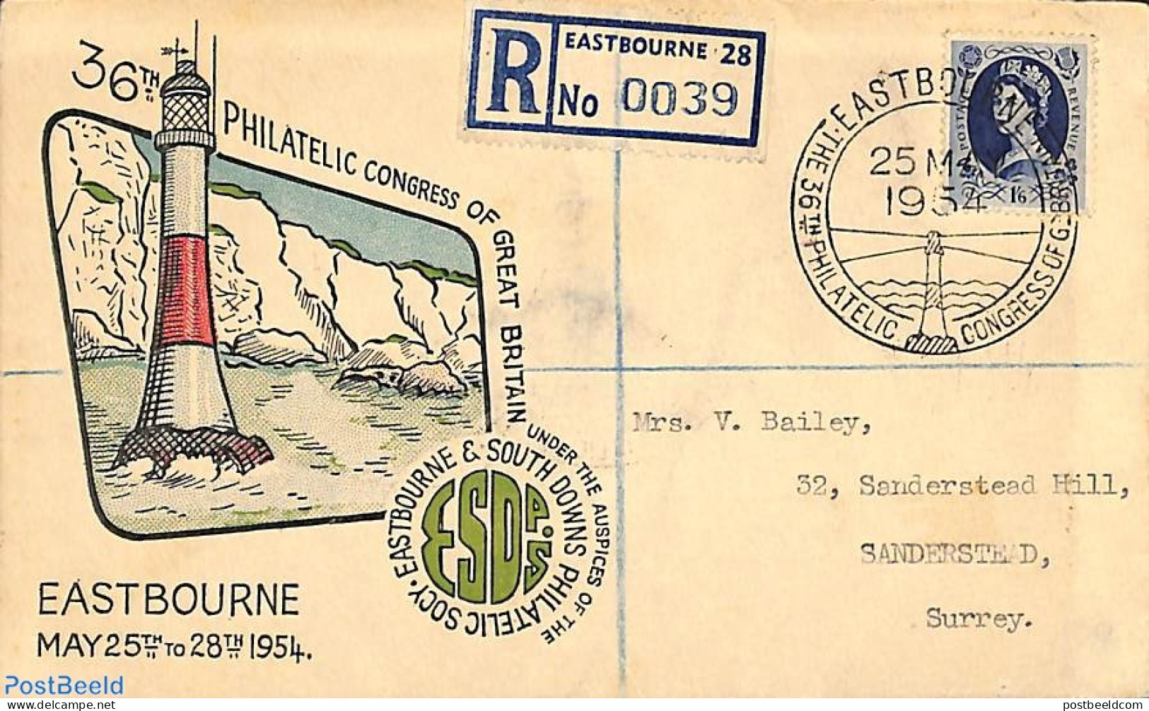 Great Britain 1954 Cover Eastbourne Philatelic Congress, Postal History, Various - Lighthouses & Safety At Sea - Brieven En Documenten