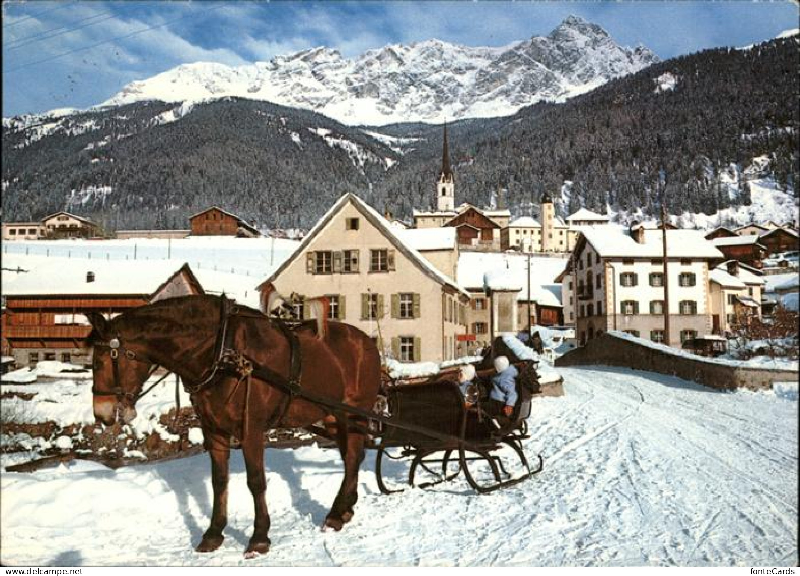 11467186 Savognin Ortsansicht Mit Kirche Piz Mitgel Albula Alpen Pferdeschlitten - Sonstige & Ohne Zuordnung