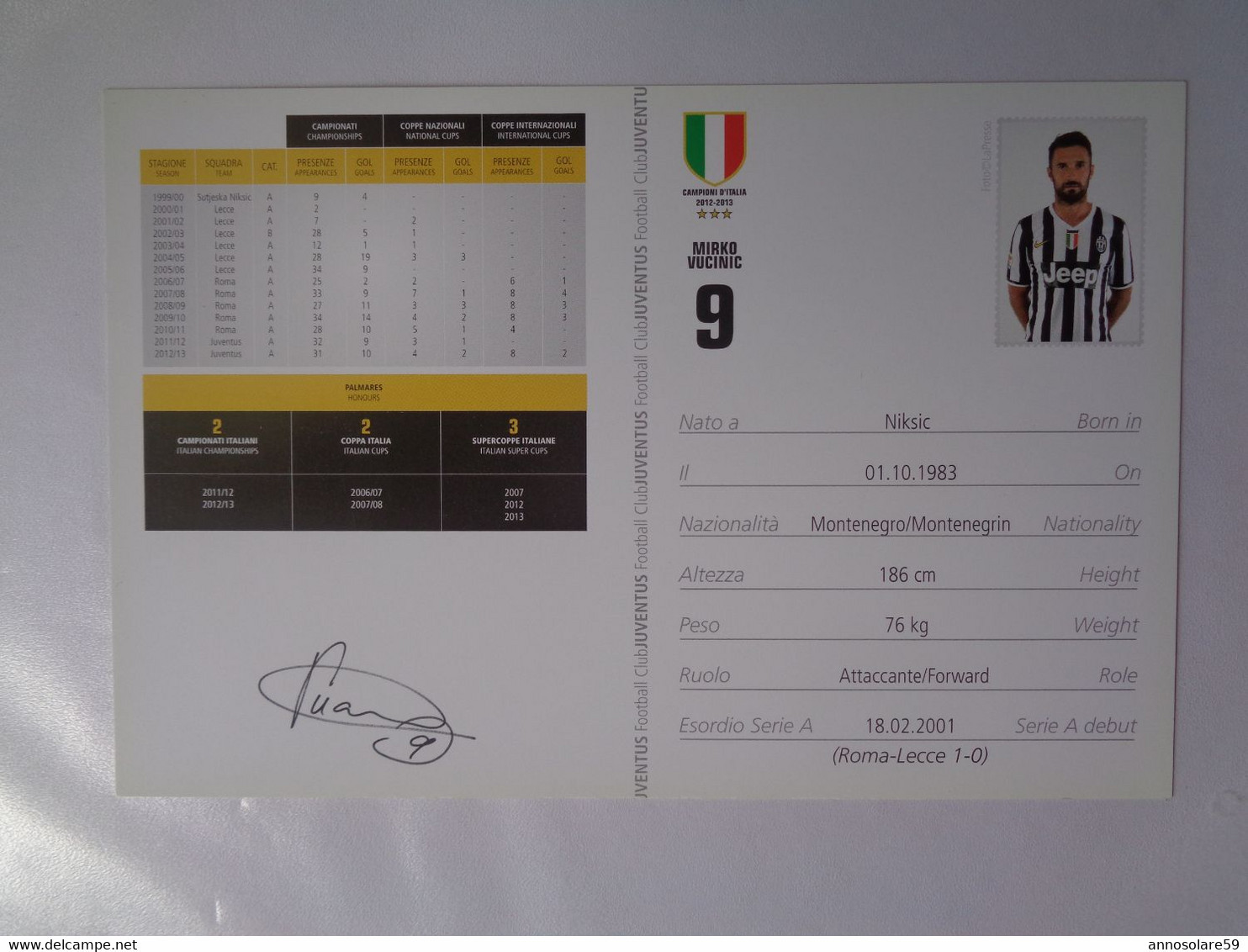 FOTOCARTOLINA  - VUCINIC - JUVENTUS - STAGIONE 2012/2013 - UFFICIALE - SIGNED - LEGGI - Football