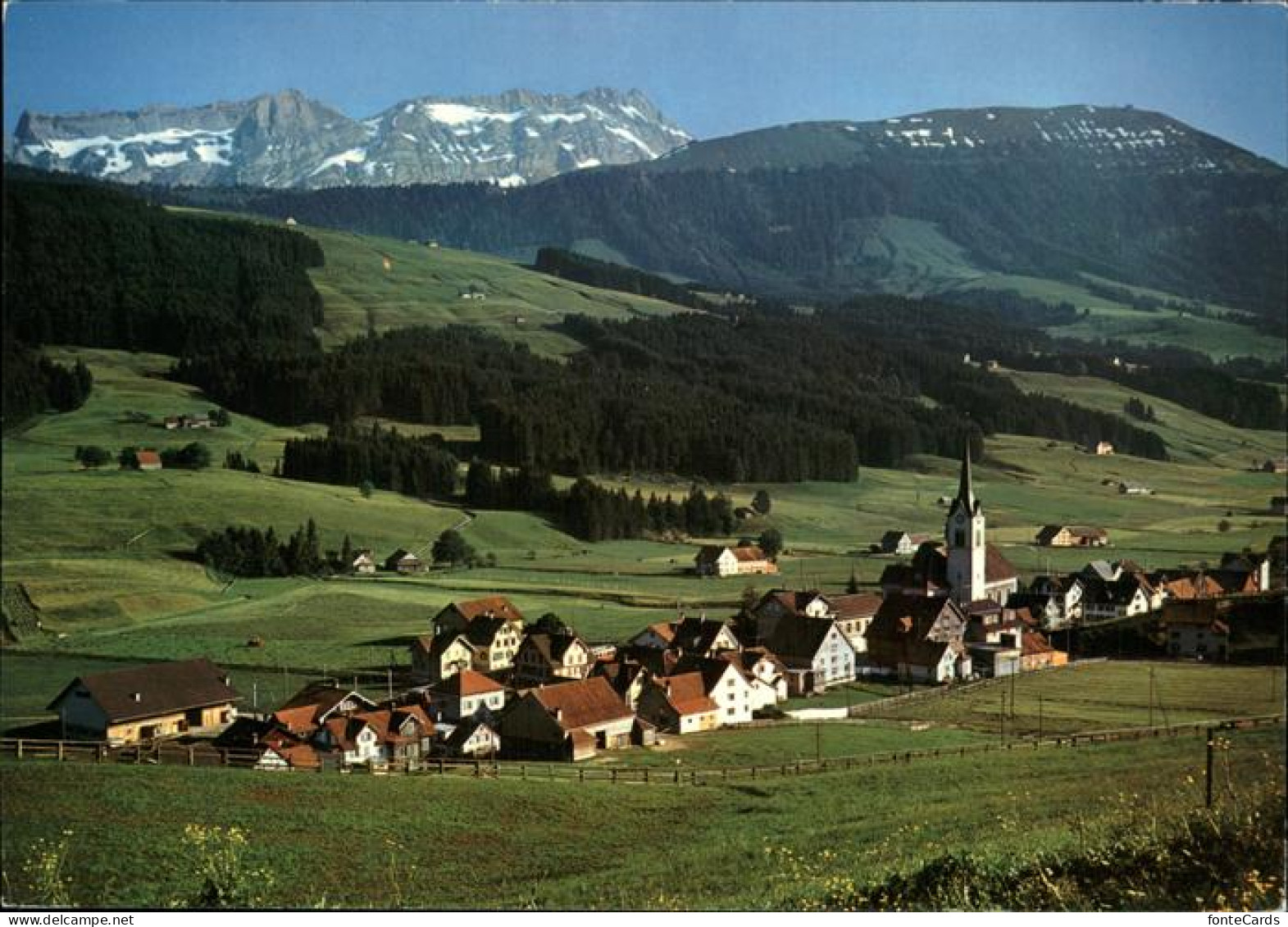 11467172 Gonten Ortsansicht Mit Kirche Alpenpanorama Kronberg Saentis Appenzelle - Andere & Zonder Classificatie