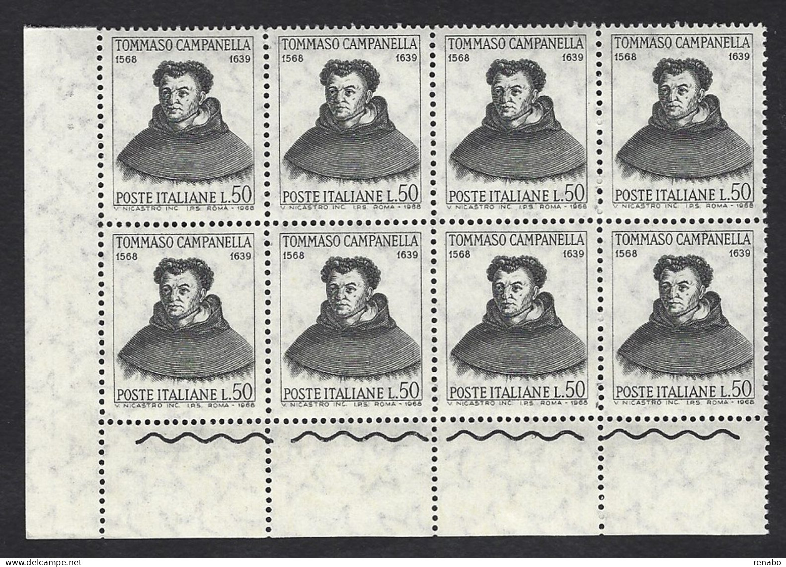 Italia 1968; Tommaso Campanella, Filosofo, Anniversario Nascita; Blocco D' Angolo Di 8 Valori = 2 Quartine - 1961-70:  Nuovi