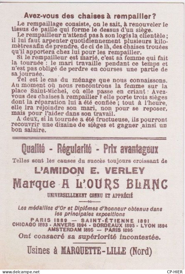 CHROMOS - CHROMO - IMAGE AMIDON E. VERLEY - GRAND PRIX PARIS 1900 - A L'OURS BLANC - METIER CHAND' HABITS - Andere & Zonder Classificatie