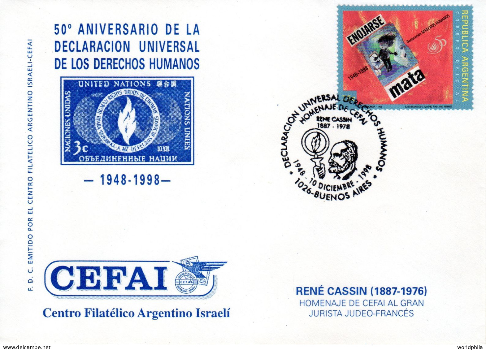 Judaica, Argentina, Israel 1998 50th UN Universal Declaration Of Human Rights, Special Cover - Joodse Geloof