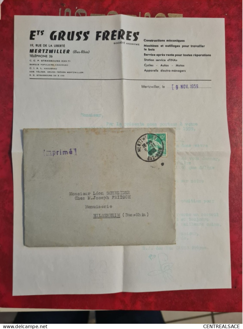 LETTRE MERTZWILLER 1959 ENTETE ETS GRUSS FRERES MACHINES OUTILLAGE POUR LE BOIS STATION FINA CYCLES MOTOSAUTOS - Altri & Non Classificati