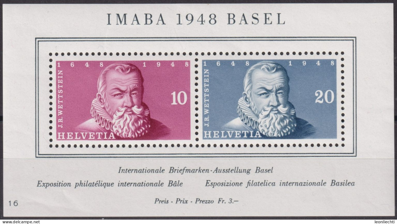 1948 IMABA Block ** Zum: W31l, Mi: Bl.13, Weisser Gummi, Briefmarkenausstellung Basel, Drucknummer 16 - Ungebraucht