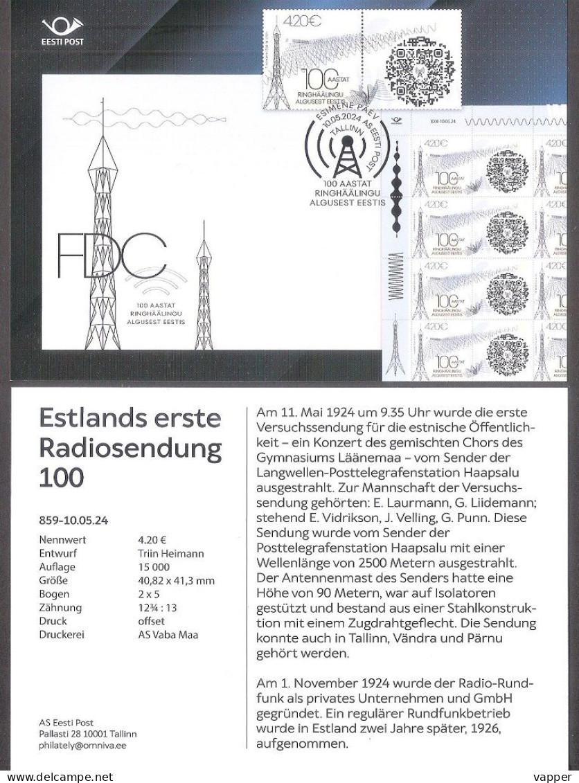 100th Anniv Of The First Radio Broadcast In Estonia 2024 Stamp Presemtation Card (ger) Mi 1107 - Télécom