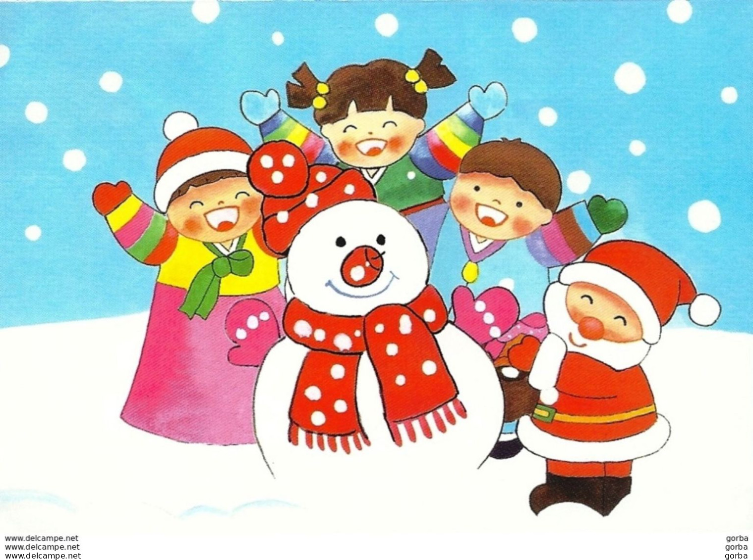 *CPM Double - Carte De Vœux - Bonhomme De Neige, Père Noël, Enfants Sous La Neige - Village Du Monde Pour Enfants - Nouvel An