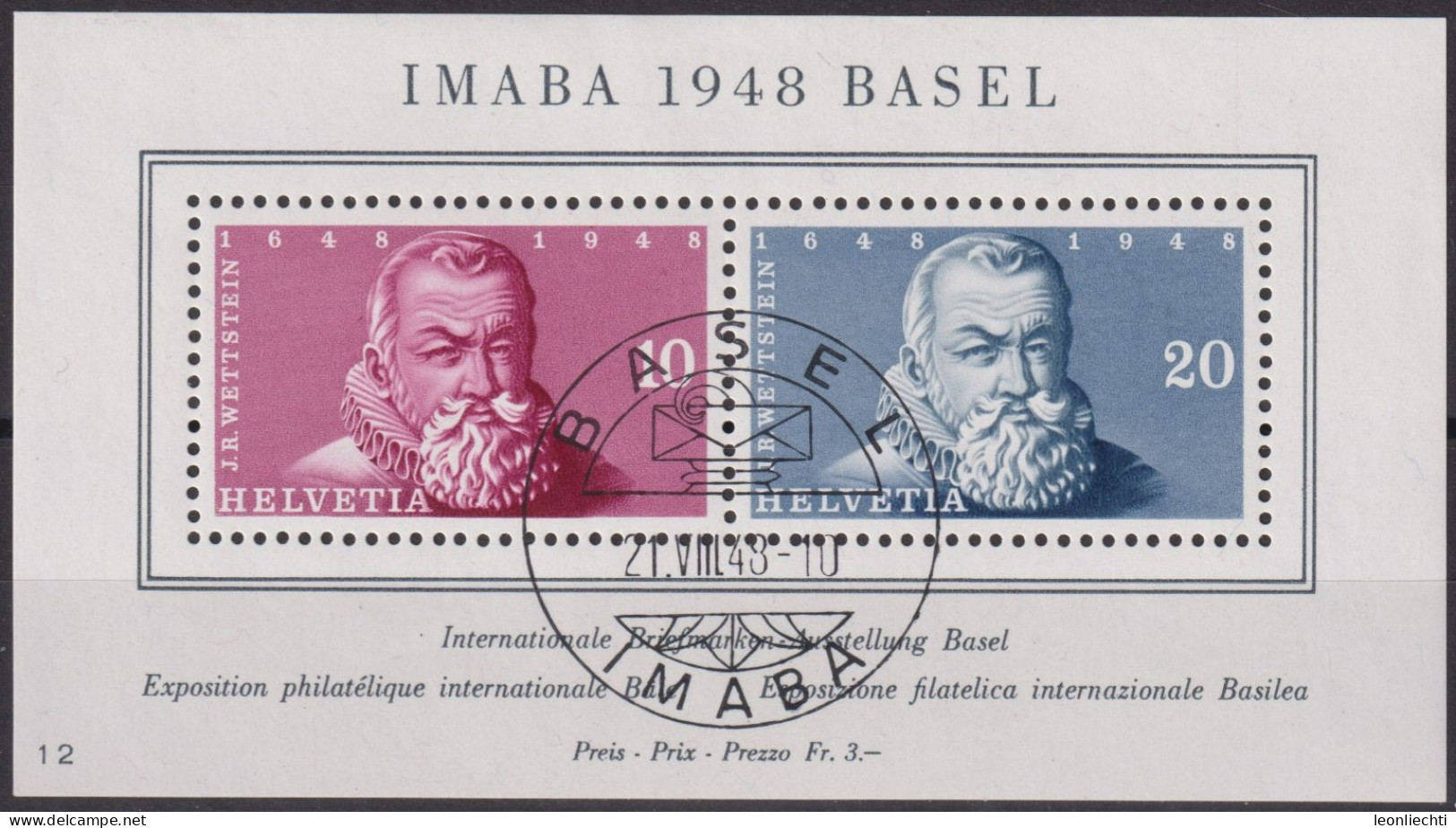 1948 IMABA Block ⵙ Zum: W31, Mi: Bl.13, Gelber Gummi, Briefmarkenausstellung Basel, Drucknummer 12 - Nuevos