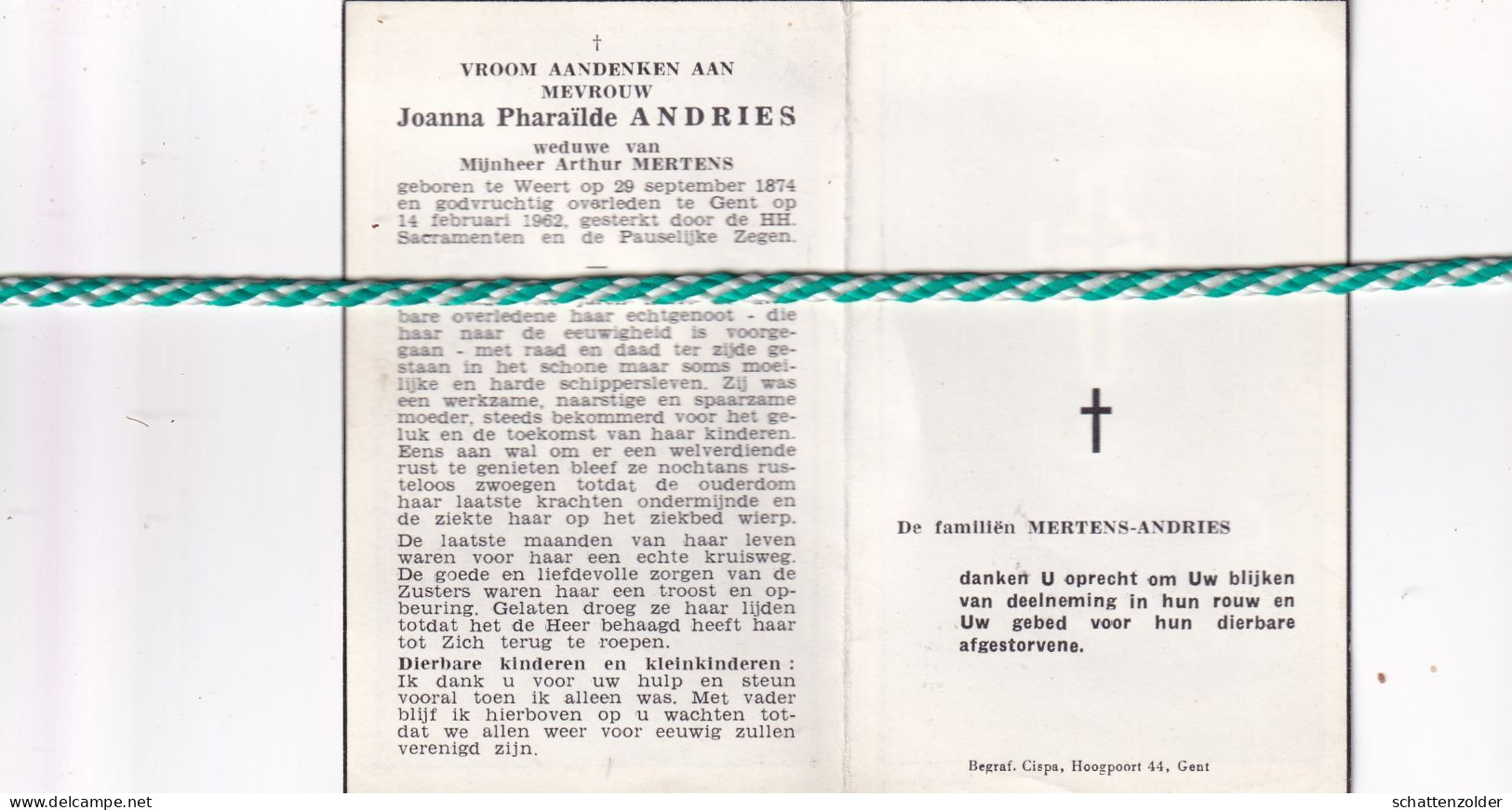 Joanna Pharaïlde Andries-Mertens, Weert 1874, Gent 1962 - Obituary Notices