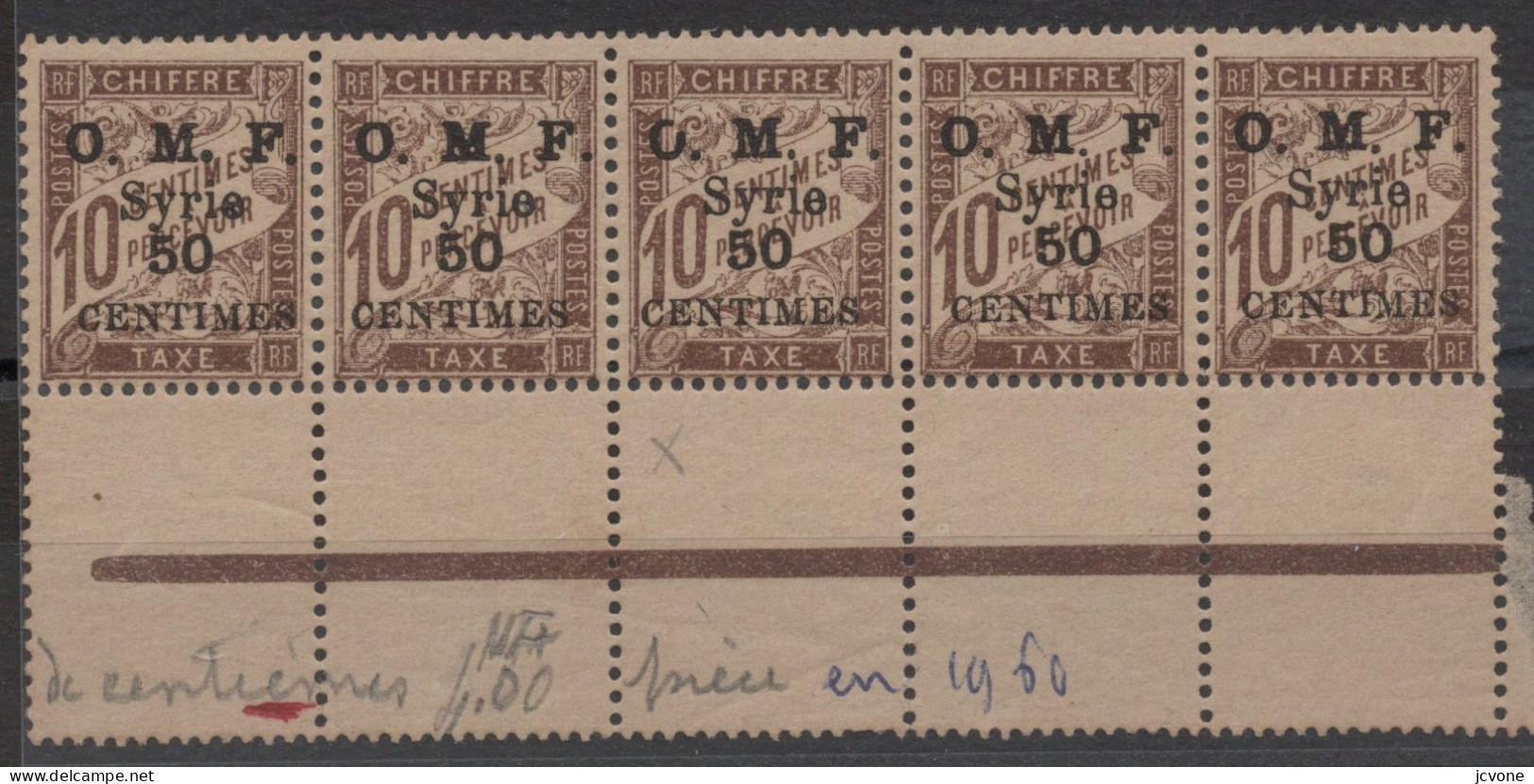 TAXE 9c**/MNH Erreur "CENTIMES" Bande De 5 Dont 1 "O" Brisé !TTB Et Frais,signé Calves, Cote Des Nx : 125€ - Unused Stamps