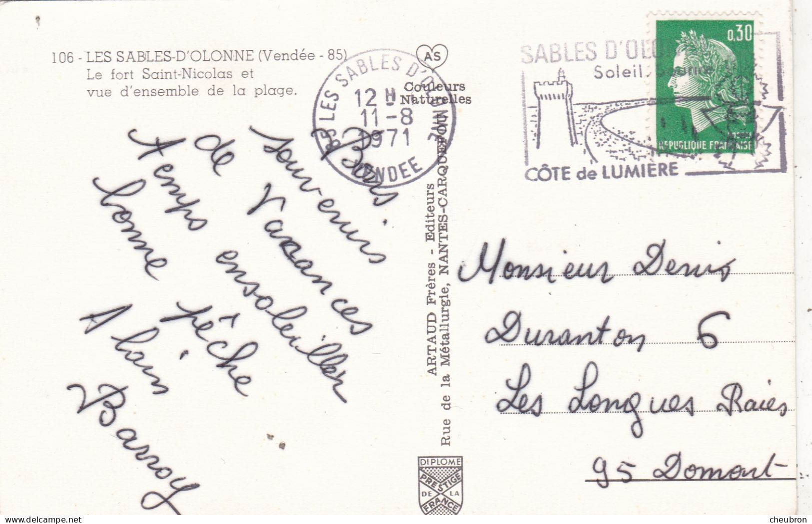 85. LES SABLES D'OLONNE.CPSM. LE FORT SAINT NICOLAS ET VUE D'ENSEMBLE DE LA PLAGE. ANNEE 1971 + TEXTE . FORMAT CPA - Sables D'Olonne