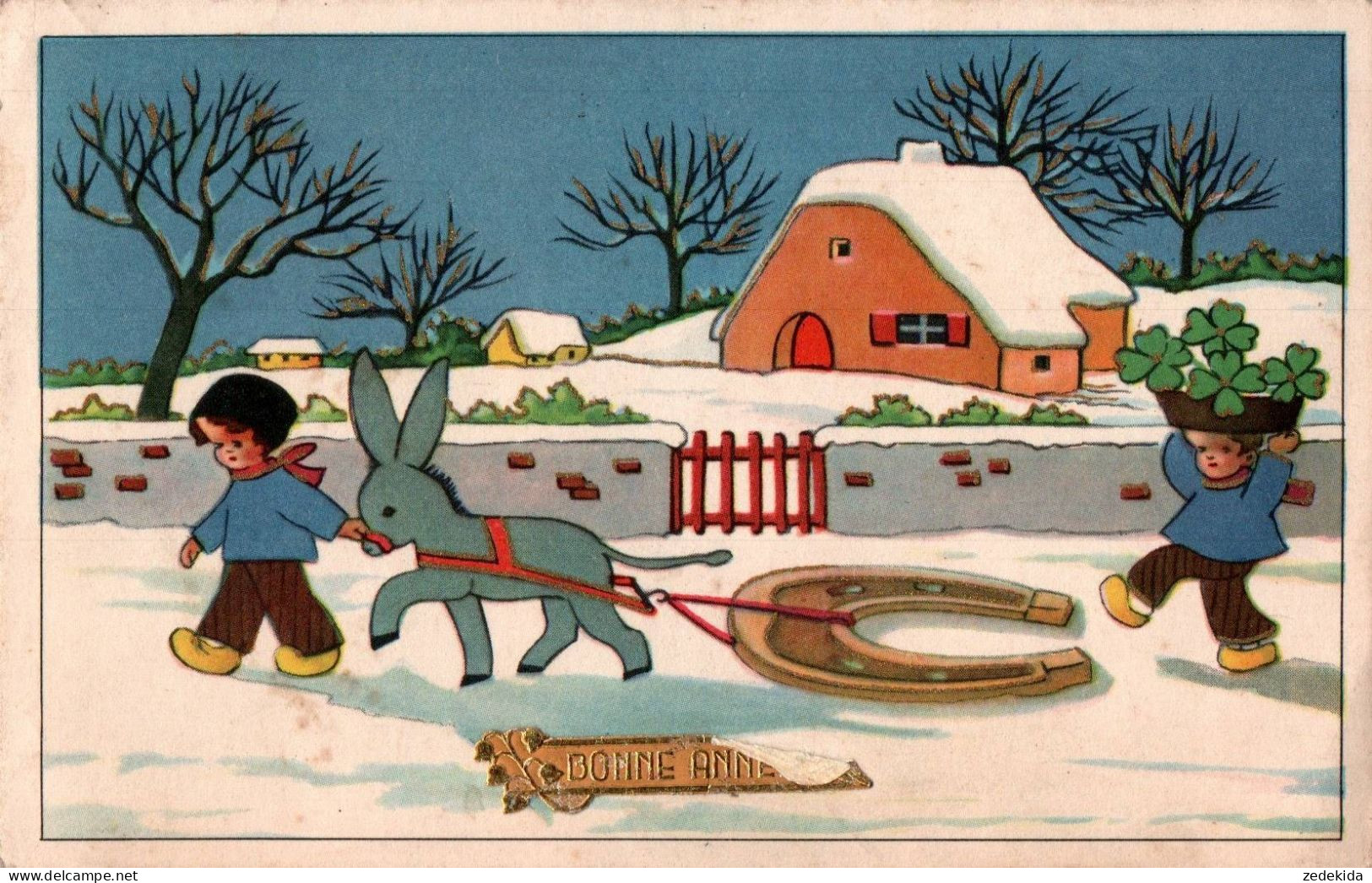 H2161 - Glückwunschkarte Neujahr - Kinder Kleeblatt Hufeisen Esel Burro Golddruck Winterlandschaft - Año Nuevo