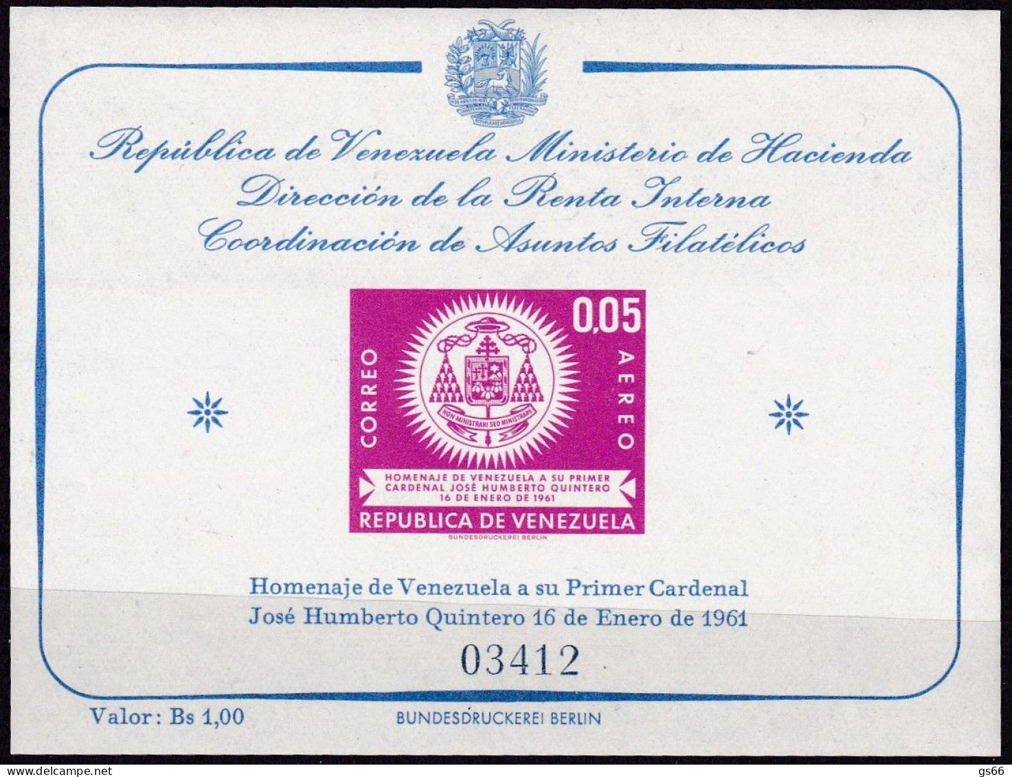 Venezuela, 1962, 1431B Block 5, MNH **,  Ernennung José Humberto Quinteros Zum Kardinal. - Venezuela