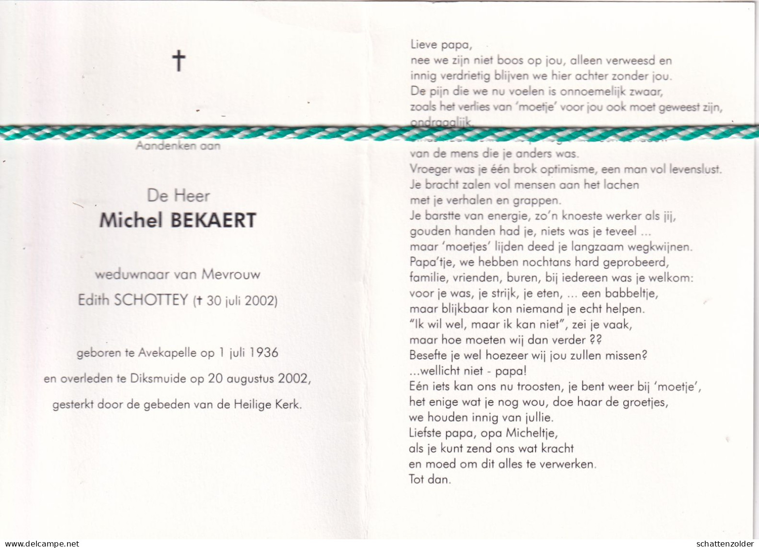 Michel Bekaert-Schottey, Avekapelle 1936, Diksmuide 2002. Foto - Todesanzeige