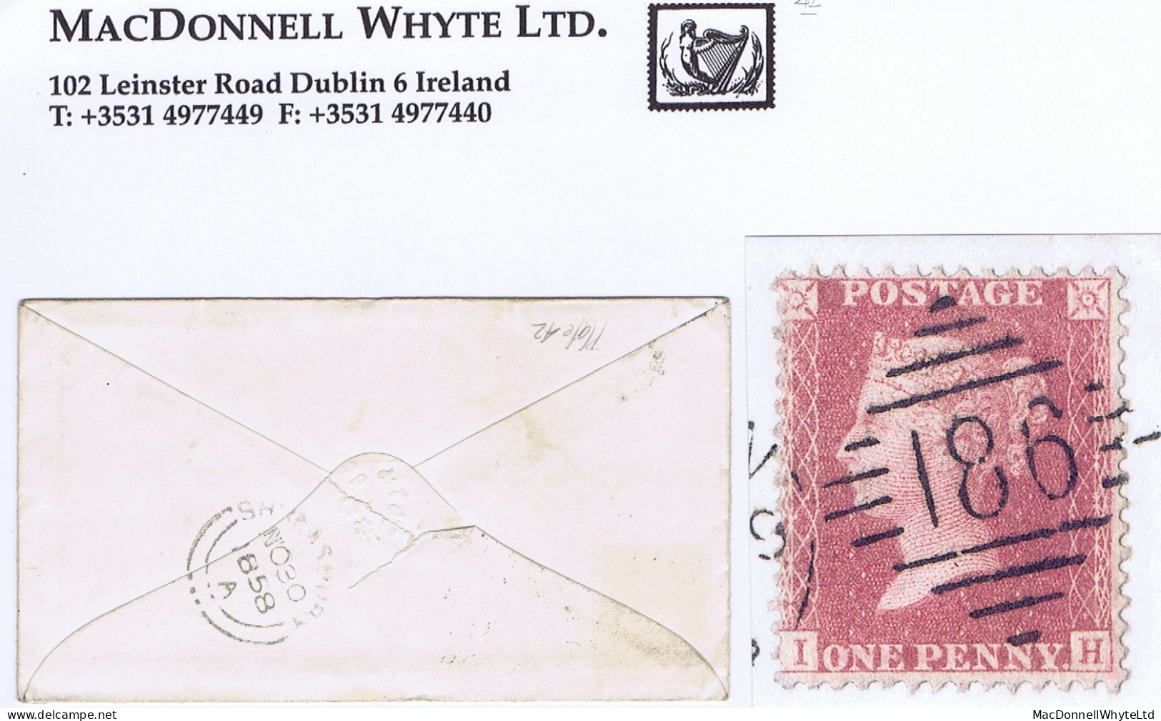 Ireland Dublin 1858 LC14 1d Red Plate 42 IH, Fresh Used On Cover To Shrewsbury, Tied Code 9E DUBLIN/186 Duplex - Autres & Non Classés