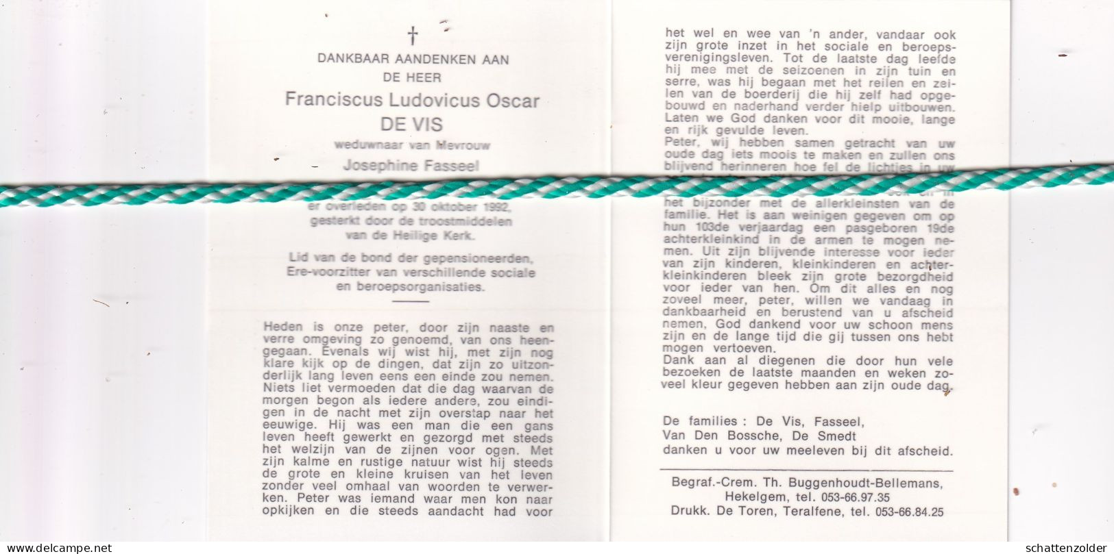 Franciscus Ludovicus Oscar De Vis-Fasseel, Meldert 1889, 1992. Honderdjarige. Foto - Décès