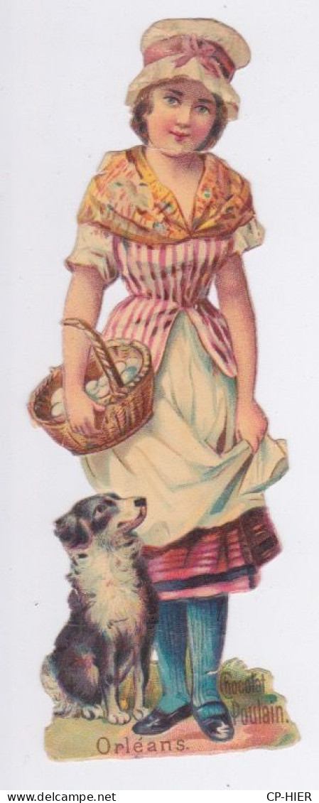 CHROMOS - CHROMO - DECOUPIS - CHOCOLAT POULIN - ORLEANS - FEMME AVEC SON PANIER ET SON CHIEN - Poulain