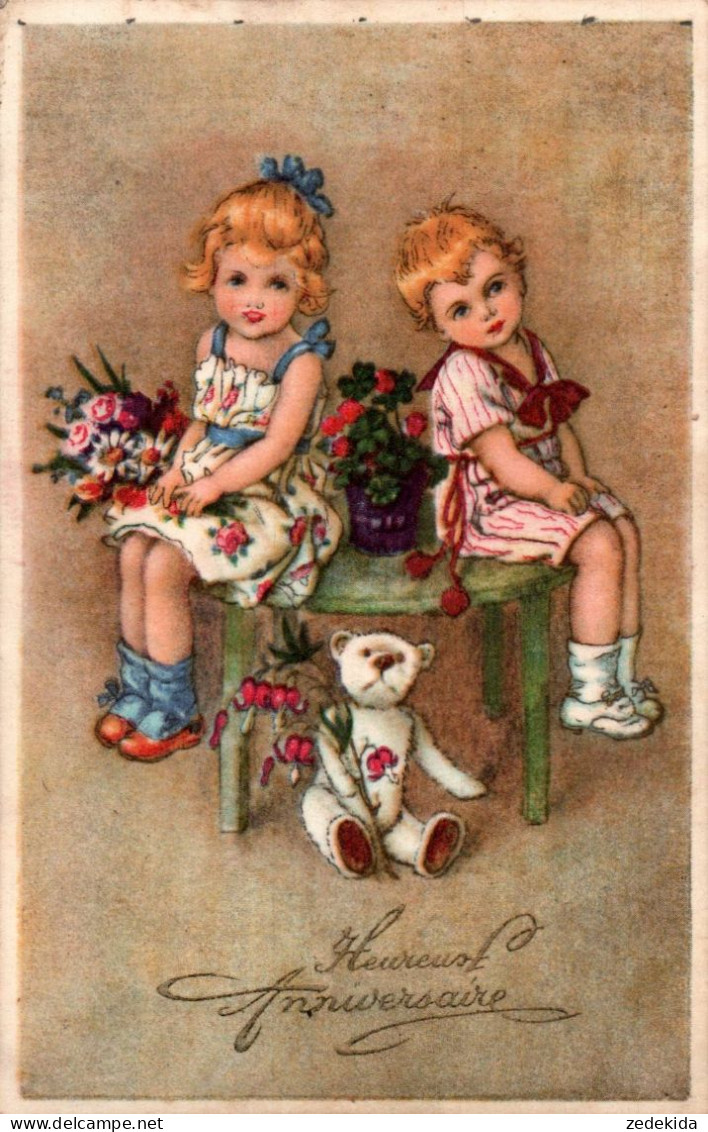 H2177 - Glückwunschkarte - Mädchen Blumen Teddy Spielzeug - Anniversaire