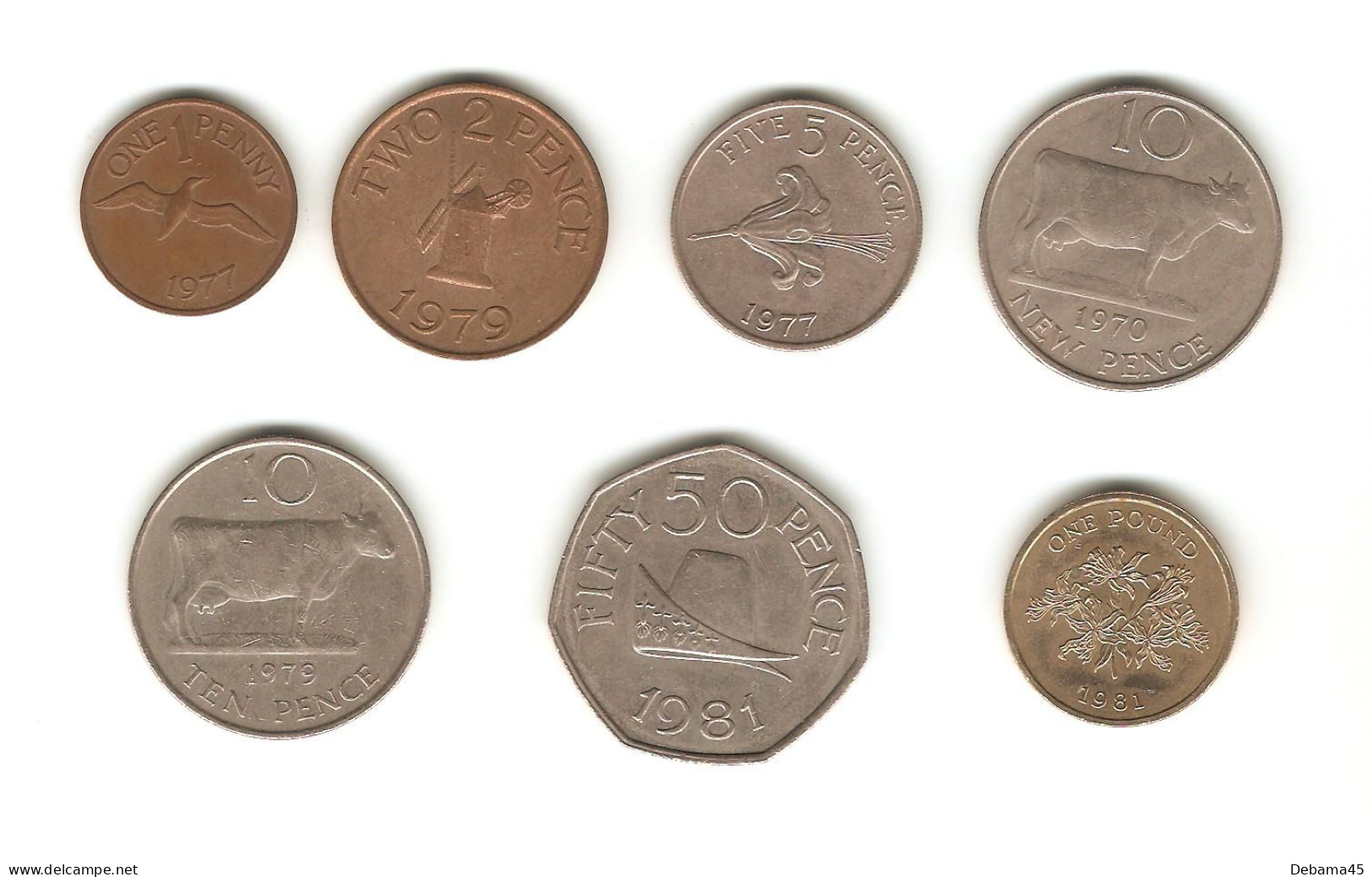 602/ GUERNESEY : 1 Penny 1977 - 2 Pence1979 - 5 P. 1977 - 10 N. Pence 1970 - 10 Pence 1979 - 50 P. 1981 - 1 Pound 1981 - Guernesey