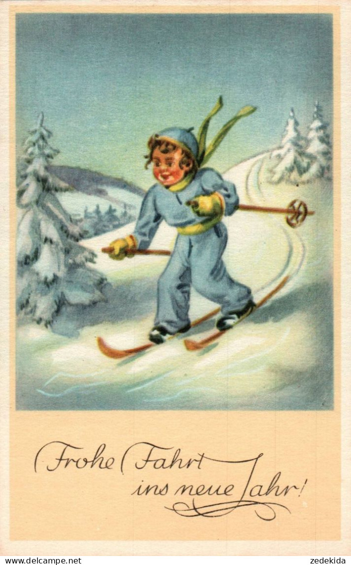 H2180 - Glückwunschkarte Neujahr - Mädchen Skier Winterlandschaft - Nouvel An