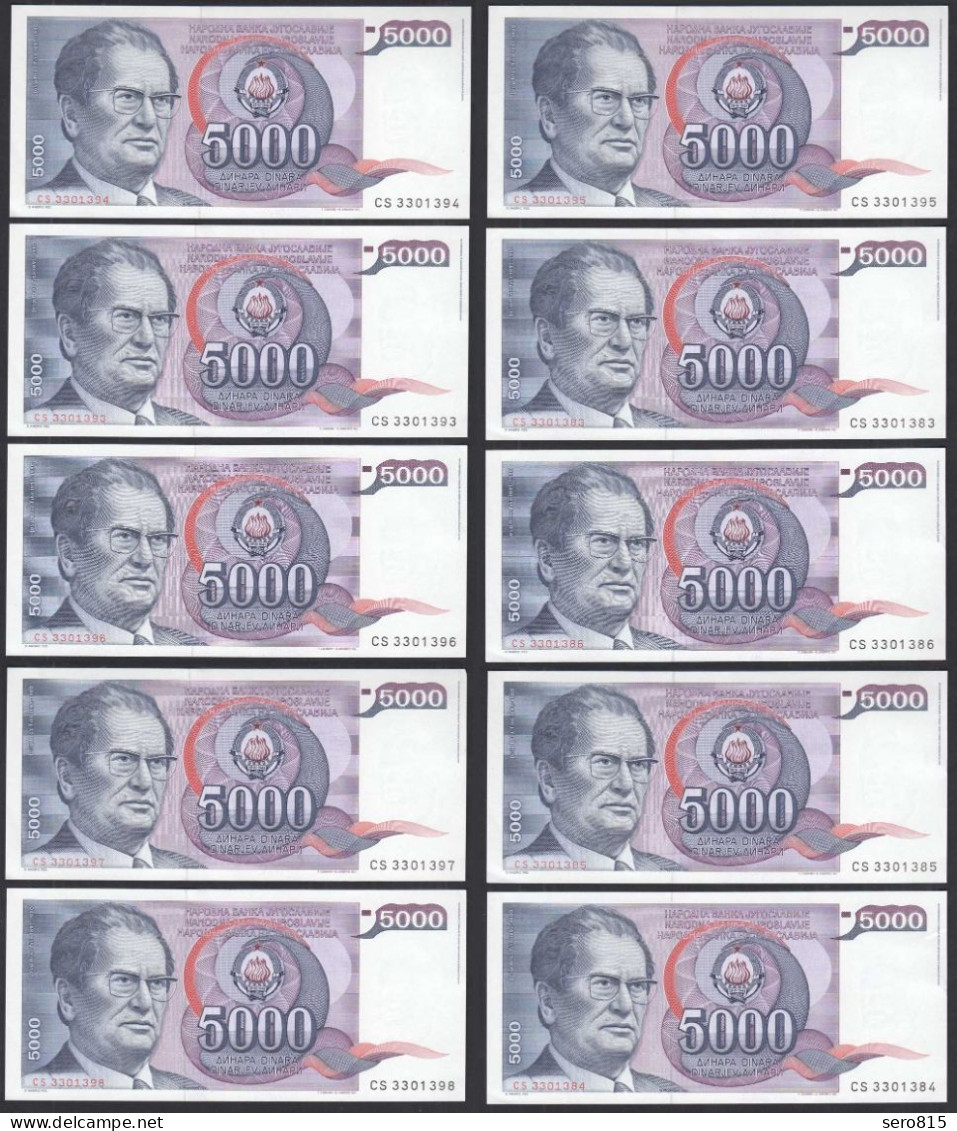 JUGOSLAWIEN - YUGOSLAVIA  10 Stück á 5000 Dinara 1985 Pick 93 AUNC (1-)  (32250 - Jugoslawien