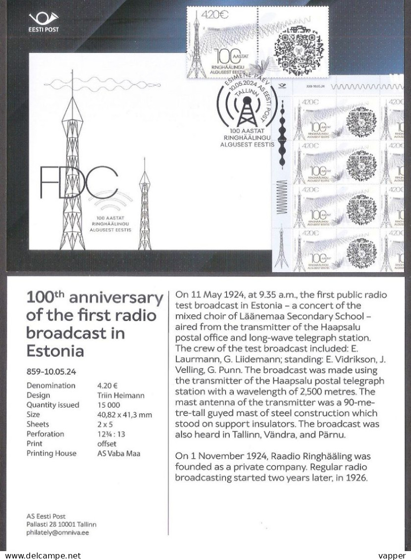 100th Anniv Of The First Radio Broadcast In Estonia 2024 Stamp Presemtation Card (eng) Mi 1107 - Telekom