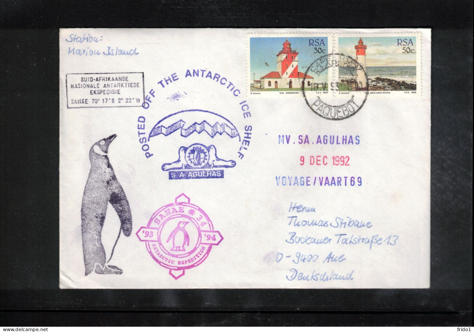 South Africa 1992 Antarctica - Ship AGULHAS - South African National Antarctic Expedition Interesting Cover - Barcos Polares Y Rompehielos