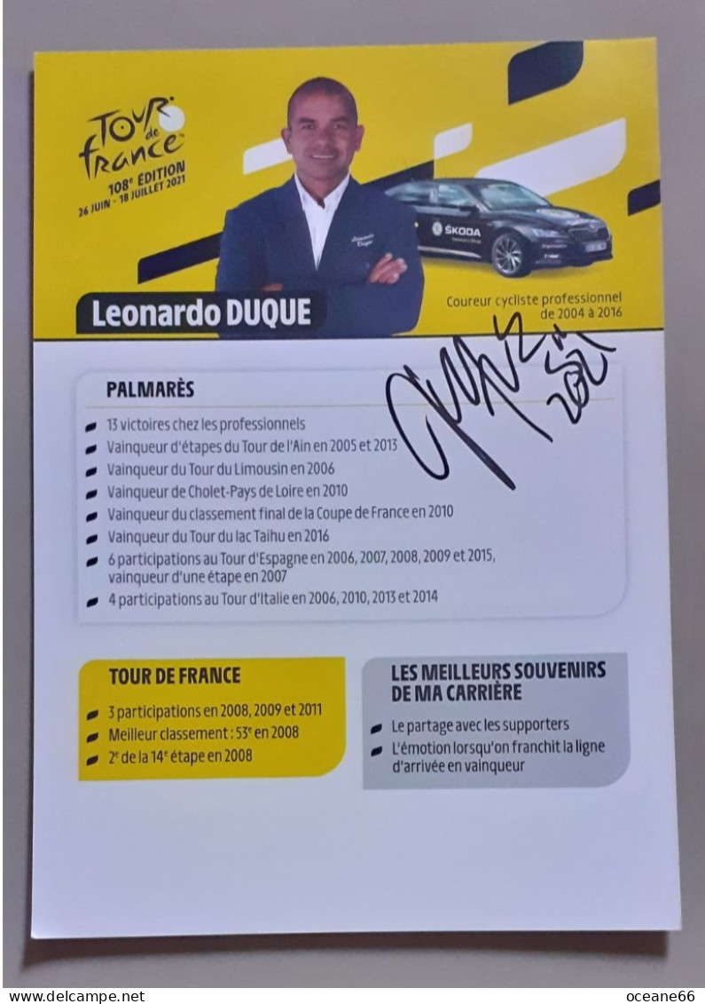 Autographe Léonardo Duque Tour De France 2021 Format A5 - Ciclismo