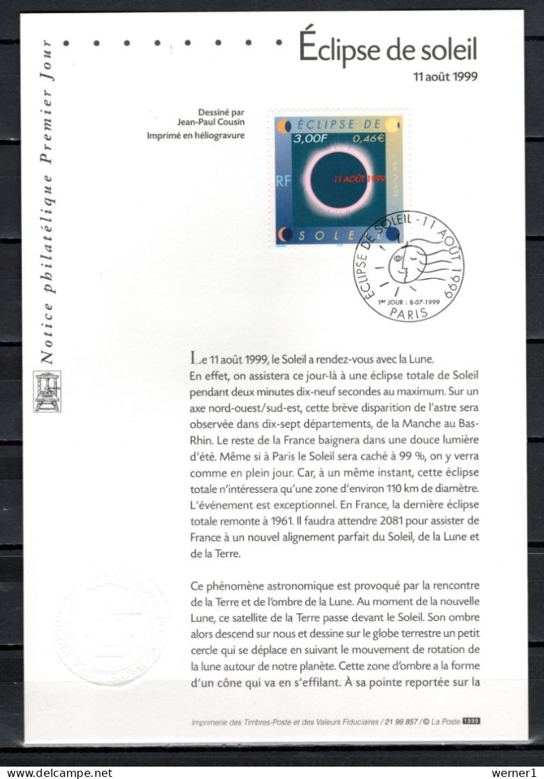 France 1999 Space, Total Eclipse Stamp On First Day Print - Europe