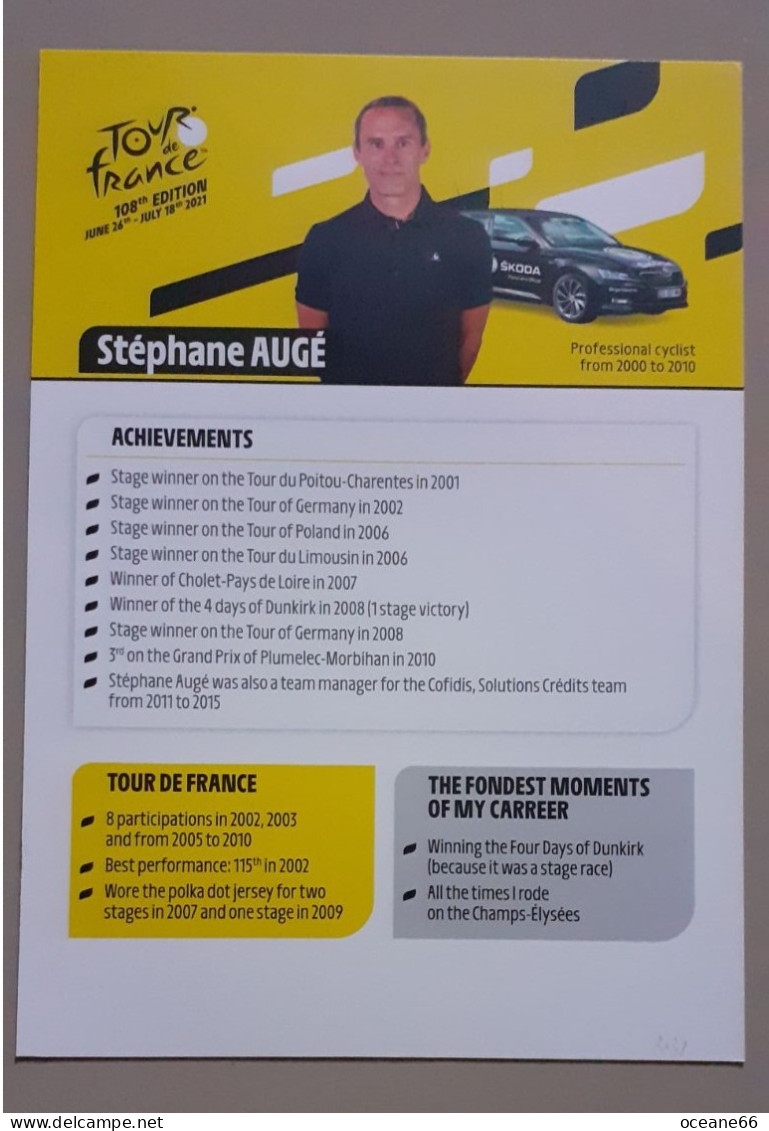 Autographe Stephane Augé Tour De France 2021 Format A5 - Radsport