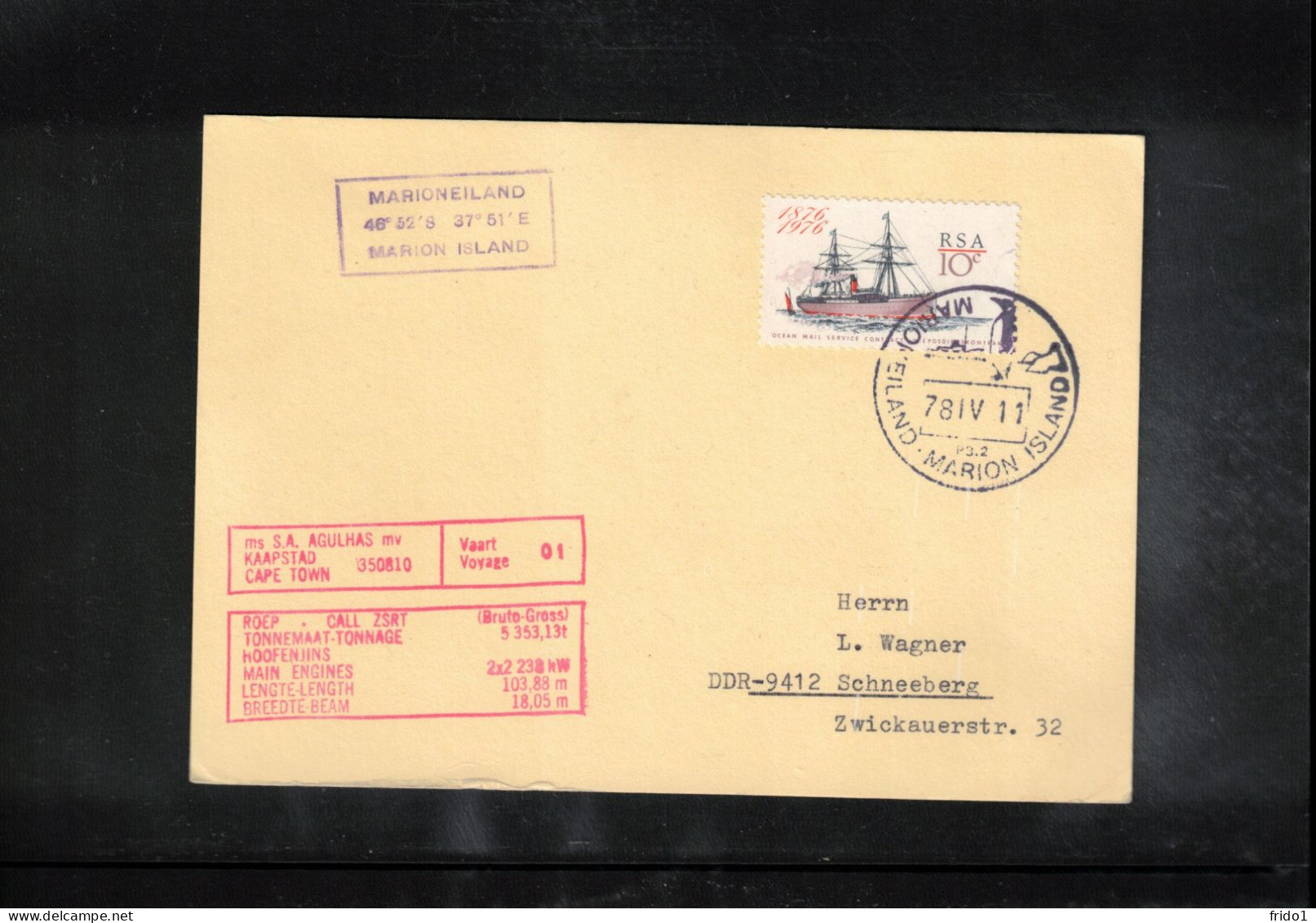 South Africa 1978 Antarctica - Ship AGULHAS - Marion Island Interesting Cover - Polar Ships & Icebreakers